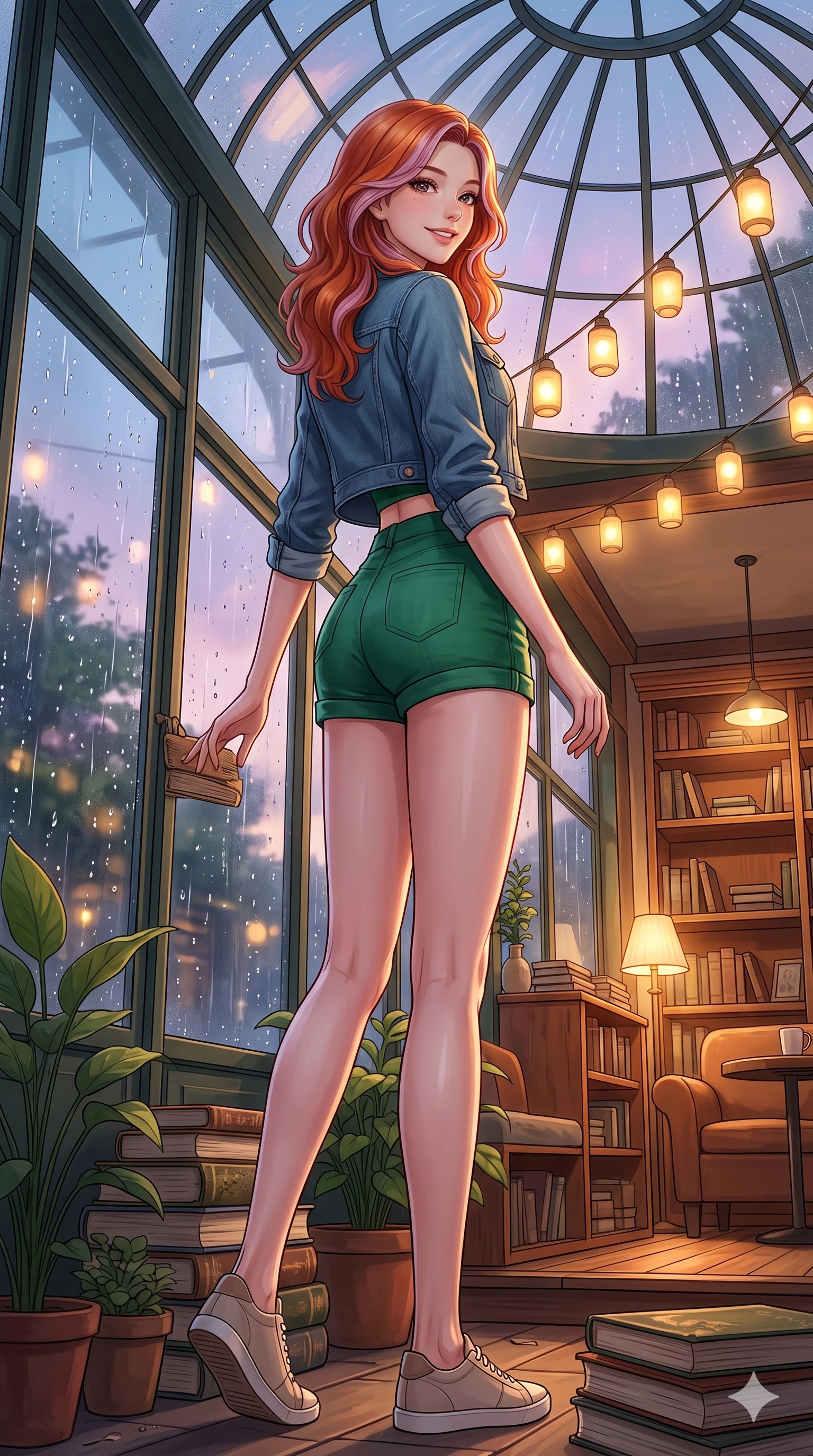 score_9, masterpiece, best quality, ultra-detailed, high-budget anime keyframe, vibrant anime aesthetic, Caucasian woman, strictly human ears. low angle full-body shot from head to toe showing her feet, filling the entire 9:16 vertical frame with her statuesque presence, stretching her vertical silhouette. She is posing near glass greenhouse panels, smiling delightfully over her shoulder, gazing softly at the camera lens under the glass conservatory dome. inside a cozy bookstore cafe with warm reading lights, facing a glass wall covered in fresh rain droplets (Code-P22-058). She has an absolutely perfect 8-heads proportion, an exceptionally tall and slender female figure with impossibly long slender legs and an ultra-slim waist. V-shaped jawline, high-bridge nose, intricate jewel-like eyes with depth, thick eyelashes, glossy lips with a natural sheen. wearing a cropped denim jacket over a fitted crop top and short-shorts in emerald green. She is bathed in soft twilight glow mixed with warm lantern lights, highlighting her V-shaped jawline in the cozy indoor garden. 2k, ultra detail, master piece, 9:16 ratio