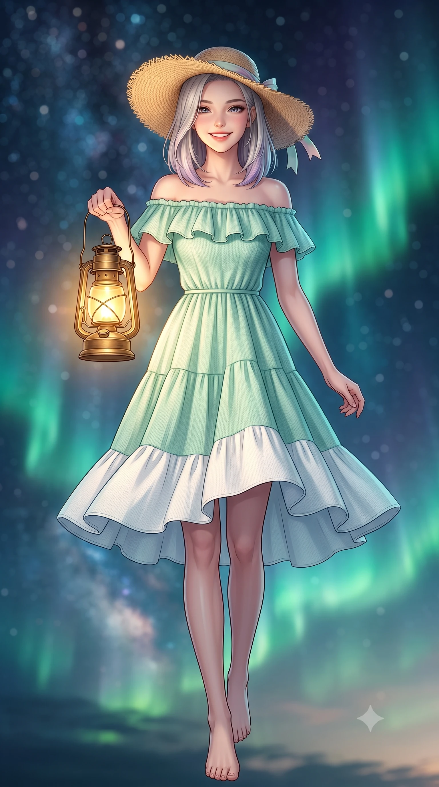 score_9, masterpiece, best quality, ultra-detailed, high-budget anime keyframe, semi-realistic 3D game render, editorial fashion photography, tasteful artistic composition, Caucasian woman. low angle full-body shot from head to toe showing her feet, filling the entire 9:16 vertical frame with her statuesque presence, stretching her vertical silhouette. walking forward in a cheerful, dynamic stride with a radiant beaming smile, her statuesque silhouette filling the frame while holding a vintage brass camping lantern that casts a warm, golden glow across her sweet, radiant face. The composition keeps background elements in soft focus with creamy bokeh. dazzling Milky Way star clusters and dancing emerald aurora ribbons blurred into deep indigo, teal, and celestial bokeh. She has an absolutely perfect, statuesque 8.5-heads proportion, an exceptionally tall and slender model-like female figure with impossibly long slender legs, a toned flat midriff, and an ultra-slim waist. sharp v-shaped jawline, high-bridge nose, intricate jewel-like eyes with depth, thick eyelashes, glossy lips with a natural sheen, pure and lovely fresh girlhood expression, flawlessly proportioned anatomical accuracy, strict slender model proportions, natural body alignment, perfectly sculpted long slender limbs, ultra-slim waistline, clean dynamic posture without body distortion. wearing a graceful off-shoulder cotton sundress with a ruffled neckline and tiered A-line skirt in refreshing mint green and crisp sea-salt white, knitted from ultra-soft cozy baby-cashmere yarn, paired with a wide-brim woven straw hat tied with a pastel ribbon, the soft airy drape swaying gracefully with her dynamic movements, emphasizing her tall willowy build and slim waistline. surrounded by a magical, romantic, and breathtakingly wondrous starlit maiden aura. highly saturated vibrant anime colors, detailed shading with soft gradients, rich glossy textures, high-contrast stereoscopic depth, volumetric dynamic lighting, master piece, 9:16 ratio
