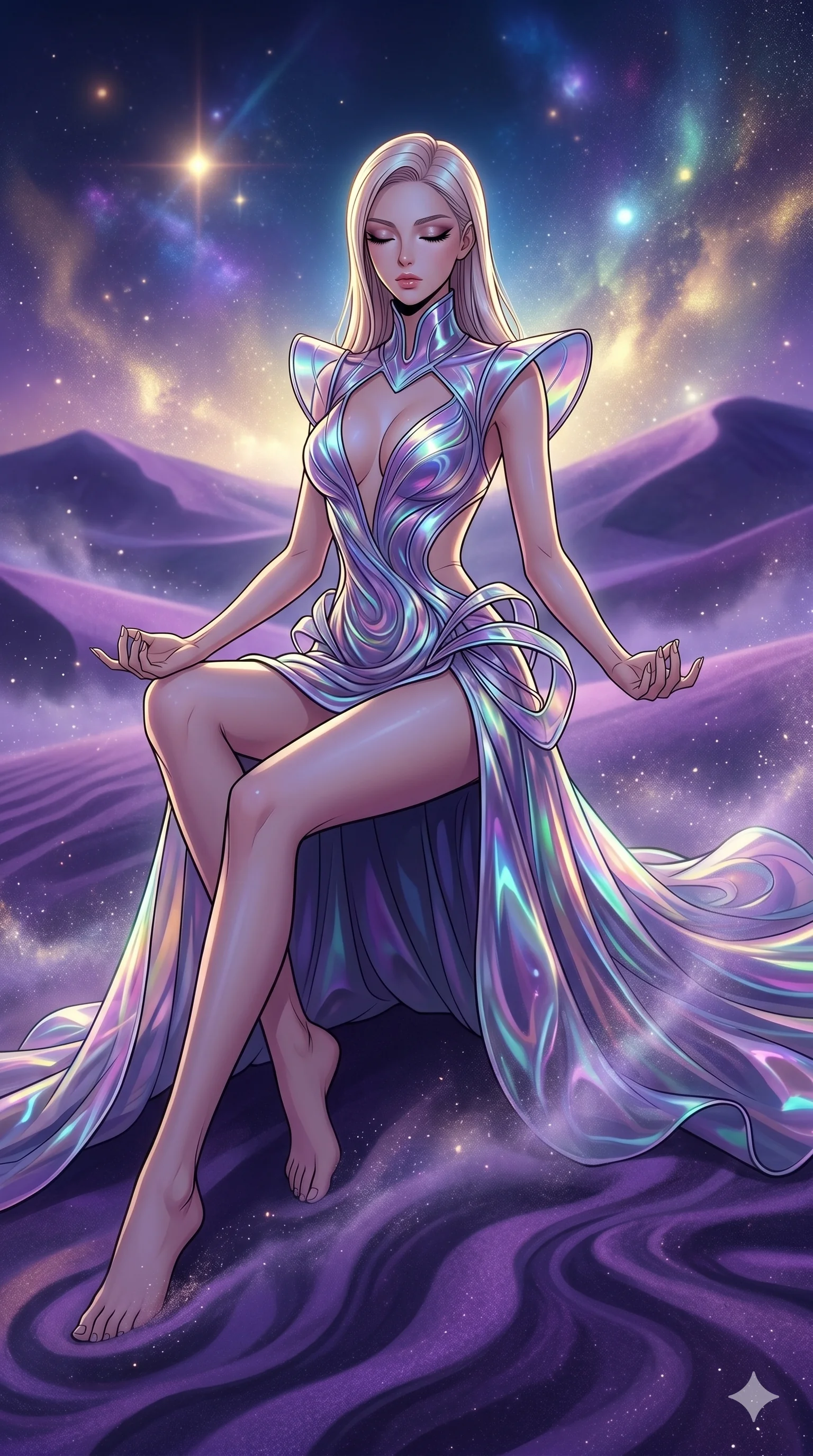 score_9, masterpiece, best quality, ultra-detailed, high-budget anime movie keyframe, cinematic anime lighting, intricate line art, Korean woman. Low angle cowboy shot filling the entire 9:16 frame with her statuesque presence. meditating peacefully in a desert of purple sands in a mist of stardust. She has an absolutely perfect 8-heads proportion, an exceptionally tall and slender female figure with an ultra-slim waist and impossibly long slender legs. sharp v-shaped jawline, high-bridge nose, intricate jewel-like eyes, thick eyelashes, glossy lips. Wearing avant-garde high-fashion gown made of iridescent vinyl with a dangerously high side slit and a plunging neckline, revealing an ultra-slim waist and long slender legs. The scene is illuminated by dramatic atmospheric lighting and vibrant color palettes. , 2k, ultra detail, master piece, 9:16 ratio