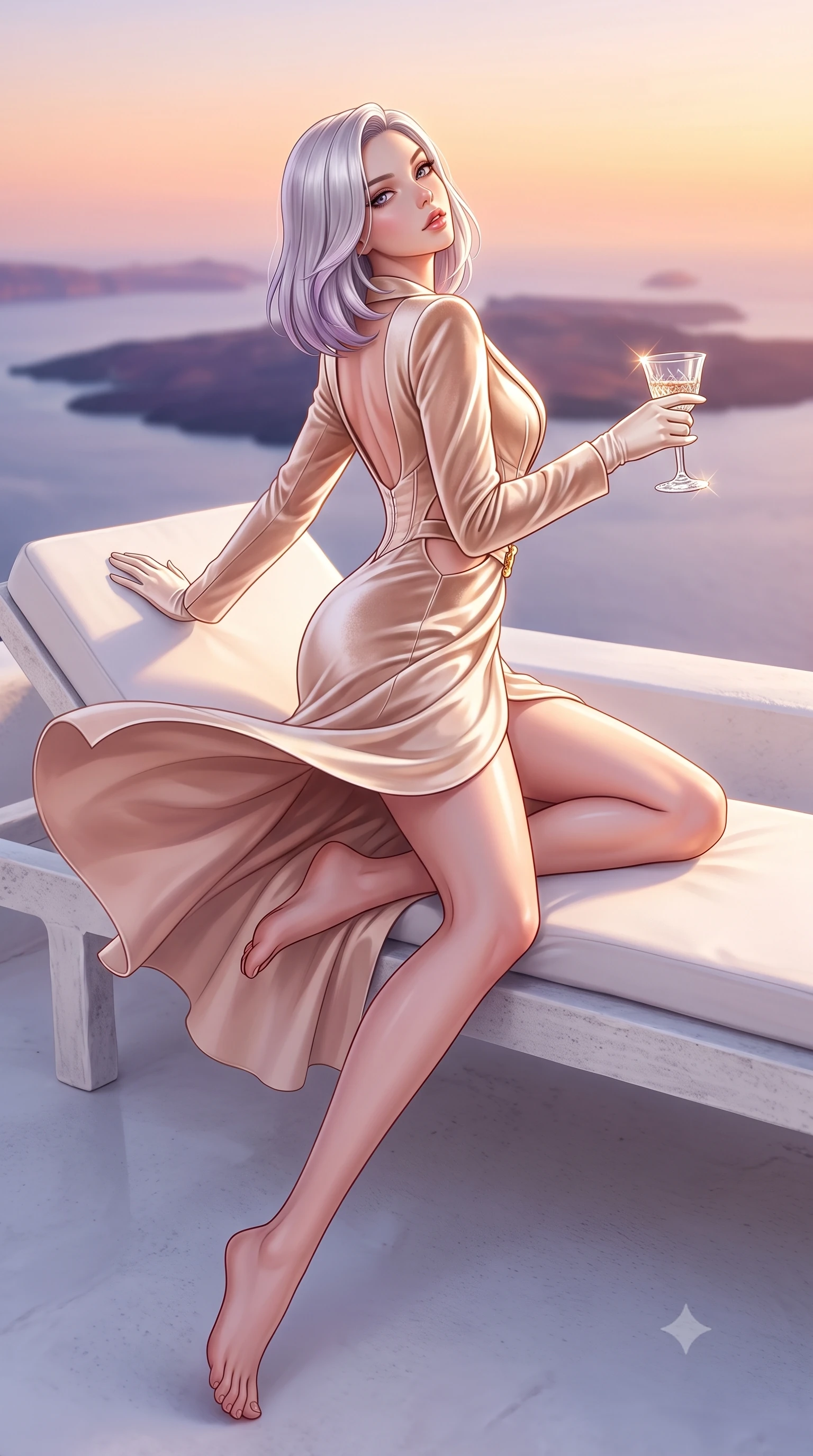 score_9, masterpiece, best quality, ultra-detailed, high-budget anime keyframe, semi-realistic 3D game render, editorial fashion photography, tasteful artistic composition, Caucasian woman. low angle full-body shot from head to toe showing her feet, filling the entire 9:16 vertical frame with her statuesque presence, stretching her vertical silhouette. executing an elegant mid-motion pivot turn as garments swirl around her slender limbs, glancing over her shoulder with an intoxicating bedroom-gaze while reclining languidly on a white stone sunbed with one knee raised, head tilted back toward the pastel Aegean skies with parted lips. The composition keeps background elements in soft focus with creamy bokeh. endless Aegean caldera sea and volcanic island silhouettes blurred into pastel peach, violet, and molten gold bokeh. She has an exceptionally tall and slender model-like 8.5-heads proportion, an ultra-slim waist, a flat toned midriff, narrow delicate ribcage, and beautifully sculpted feminine hips creating a graceful, slim hourglass silhouette without any bulky heaviness, with impossibly long slender legs. sharp v-shaped jawline, high-bridge nose, intricate jewel-like eyes with depth, thick eyelashes, glossy parted lips with a natural sheen, intensely captivating and seductive bedroom-eyes expression, flawlessly proportioned anatomical accuracy, strict slender model proportions, natural body alignment, perfectly sculpted long slender limbs, ultra-slim waistline, clean dynamic posture without body distortion. wearing a tailored velvet tuxedo jacket dress with satin lapels, worn with a deep plunge neckline and gold hip buckle in vintage champagne ivory and delicate rose gold, made of fluid silk crepe with delicate inner corsetry boning, accessorized with opera-length satin gloves and a vintage crystal glass, the precision-cut side openings and low-back scoop framing her graceful spine and the sensual sweep of her slim, toned hips. illuminated by glowing specular sun glints defining her sculpted collarbones, narrow waist, and rounded hips. highly saturated vibrant anime colors, detailed shading with soft gradients, rich glossy textures, high-contrast stereoscopic depth, volumetric dynamic lighting, master piece, 9:16 ratio