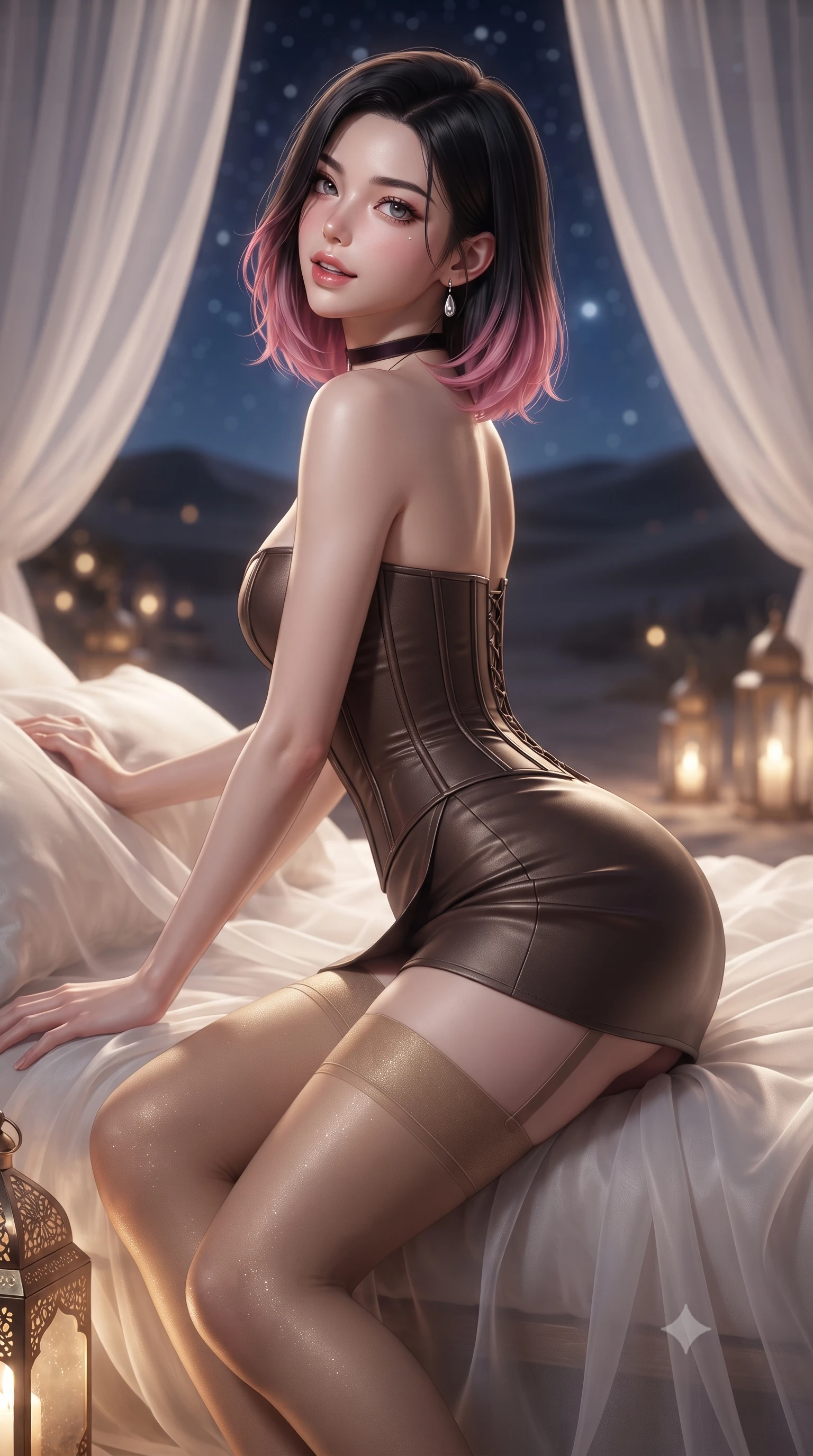 score_9, masterpiece, best quality, ultra-detailed, high-budget anime keyframe, editorial fashion photography, tasteful artistic composition, Korean woman. close-up cowboy shot from the waist and thighs up, the character dominates the composition, filling the frame with her large presence. posing in an alluring rear three-quarter angle, looking over a bare shoulder with parted glossy lips, her hips cocked back to highlight her slim hourglass curve while lounging across the oversized plush silk divan draped in flowing sheer white linen, arching her spine with effortless supermodel poise under the stars. The background shows a soft-focus flowing sheer white linen curtains billowing in desert breeze, glowing pierced brass floor lanterns, and endless desert stars blurred into ivory, amber, and midnight-blue bokeh. She has an exceptionally elegant, slender, and willowy female figure with an ultra-slim waist, flat toned midriff, narrow ribcage, and sculpted feminine hips creating an alluring, slim hourglass silhouette without bulk. sharp v-shaped jawline, high-bridge nose, sparkling eyes with hypnotic seductive depth, thick curled eyelashes, glossy parted lips with a natural dewy peach sheen, alluring bedroom-eyes with an enchanting coquettish smile, exuding magnetic siren charisma and sophisticated glamour, flawlessly proportioned anatomical accuracy, strict slender model proportions, natural body alignment, perfectly sculpted long slender limbs, ultra-slim waistline, clean dynamic posture without body distortion. wearing a structured boned leatherette corset bodice paired with an ultra-short micro-wrap mini skirt and sheer thigh-high stockings in desert gold and shimmering sand dune champagne, made of semi-opaque stretch illusion mesh with soft shadowy contours, finished with a thin velvet ribbon choker and a single teardrop diamond pendant, the glove-like clinging cut tightly following the natural contour of her hips and long slender legs with youthful 8.5-heads elegance. illuminated by lantern light scatter and sharp starry-platinum rim lights defining her delicate clavicles, ultra-slim waist, and curvy hips. ultra-reflective glossy finish, specular highlights, rich textural contrasts, high-contrast stereoscopic depth, volumetric dynamic lighting, 2k, ultra detail, master piece, 9:16 ratio