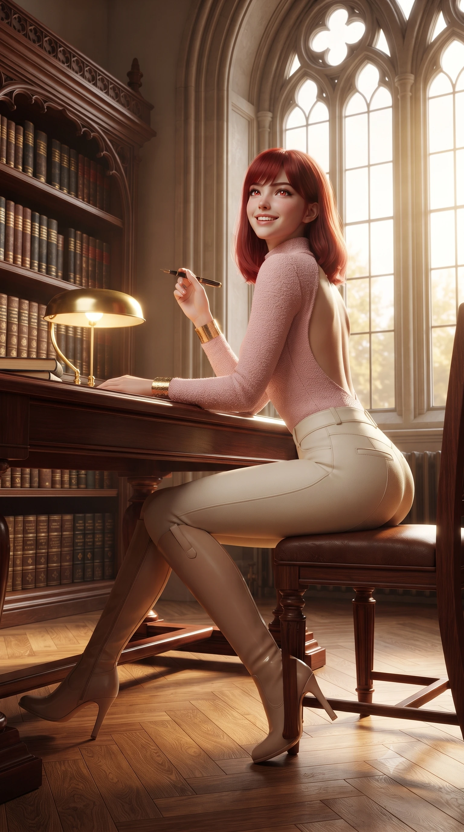 score_9, masterpiece, best quality, ultra-detailed, high-budget anime keyframe, editorial fashion photography, tasteful artistic composition, Caucasian woman. low angle full-body shot from head to toe showing her feet, filling the entire 9:16 vertical frame with her statuesque presence, stretching her vertical silhouette. posing in a classic haute-couture S-curve stance beside the floor-to-ceiling window, looking over a bare shoulder with magnetic presence while sitting gracefully at the long polished mahogany study table with legs crossed, holding a fountain pen while looking up with a cheerful, captivating gaze. The surrounding environment is rendered in vivid detail and crisp panoramic clarity: sharp carved oak tracery on book stacks, gold-embossed spine lettering, and polished parquet flooring grain in deep focus. She has an exceptionally tall and slender model-like 8.5-heads proportion, an ultra-slim waist, a flat toned midriff, narrow delicate ribcage, and beautifully sculpted feminine hips creating a graceful, slim hourglass silhouette without any bulky heaviness, with impossibly long slender legs. sharp v-shaped jawline, high-bridge nose, intricate jewel-like sparkling eyes with depth, thick eyelashes, glossy parted lips with a natural peach sheen, bright cheerful beaming smile with an enchanting and coquettish sensual glint, exuding both youthful cute charm and seductive allure, flawlessly proportioned anatomical accuracy, strict slender model proportions, natural body alignment, perfectly sculpted long slender limbs, ultra-slim waistline, clean dynamic posture without body distortion. wearing a form-fitting equestrian stretch bodysuit paired with snug tailored riding breeches and polished knee-high leather boots in Parisian pastel rose bouclé and cream pearl, tailored from premium double-knit ponte with sleek sculpting hold and smooth contours, accented with delicate golden wrist cuffs reflecting warm chandelier light, the glove-like clinging cut tightly following the natural contour of her hips and long slender legs with youthful 8.5-heads elegance. bathed in luminous golden afternoon sunlight slanting through tall gothic lancet windows mixed with warm brass desk lamp glows. ultra-reflective glossy finish, specular highlights, rich textural contrasts, high-contrast stereoscopic depth, volumetric dynamic lighting, 2k, ultra detail, master piece, 9:16 ratio