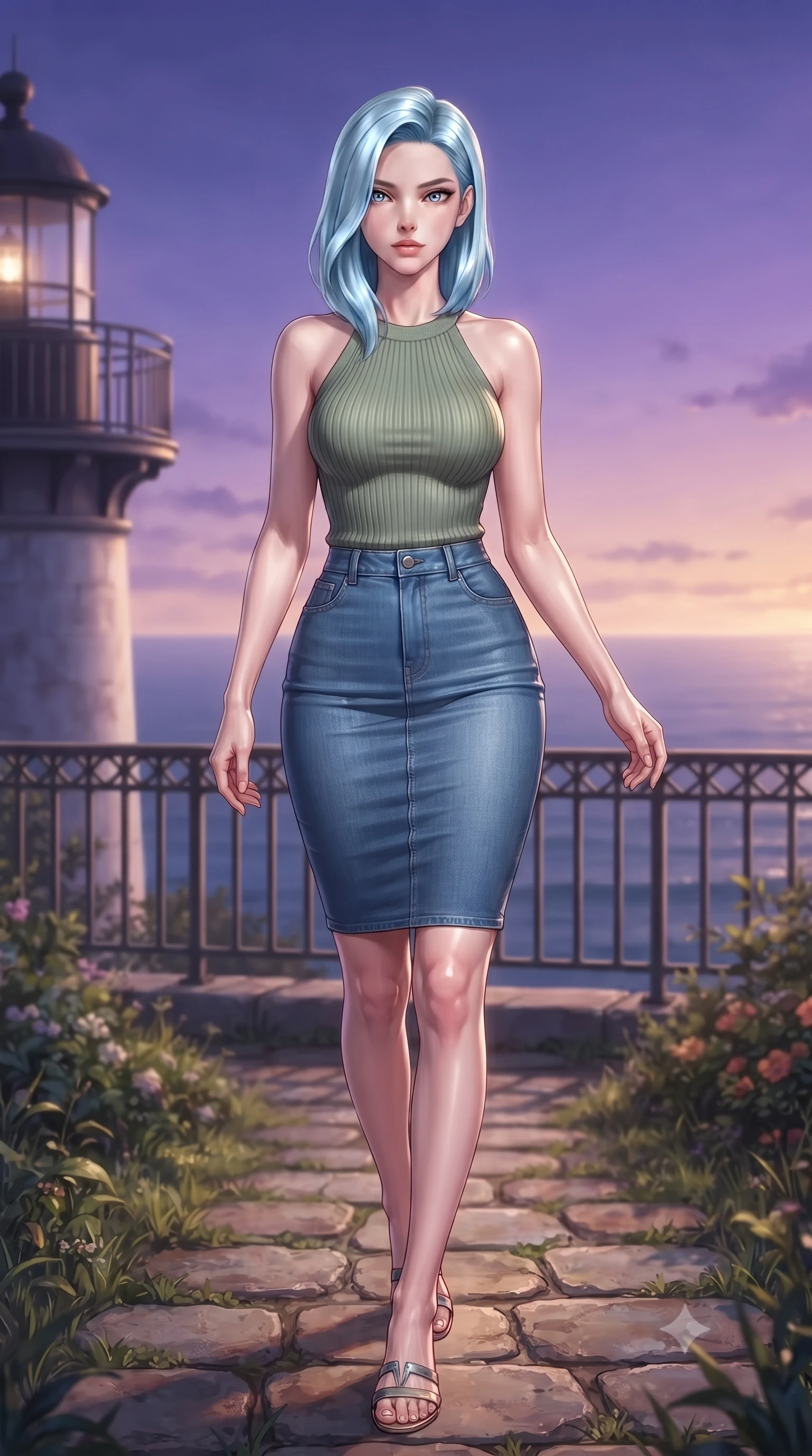 score_9, masterpiece, best quality, ultra-detailed, high-budget anime keyframe, editorial fashion photography, tasteful artistic composition, Korean woman woman. low angle full-body shot from head to toe showing her feet, filling the entire 9:16 vertical frame with her statuesque presence, stretching her vertical silhouette. stepping gracefully across a stone path in the garden the background shows a soft-focus a metal balcony of a coastal lighthouse with a wide view of the ocean horizon. She has an absolutely perfect, statuesque 8.5-heads proportion, an exceptionally tall and slender model-like female figure with impossibly long slender legs and an ultra-slim waist. sharp v-shaped jawline, high-bridge nose, intricate jewel-like eyes with depth, thick eyelashes, glossy lips with a natural sheen. wearing a body-hugging form-fitting ribbed knit halter top in sage green, paired with a tight denim pencil skirt. romantic dusk lighting with a gradient of violet and orange sky. ultra-reflective glossy finish, specular highlights, metallic sheen, high-contrast stereoscopic depth, volumetric dynamic lighting, 2k, ultra detail, master piece, 9:16 ratio
