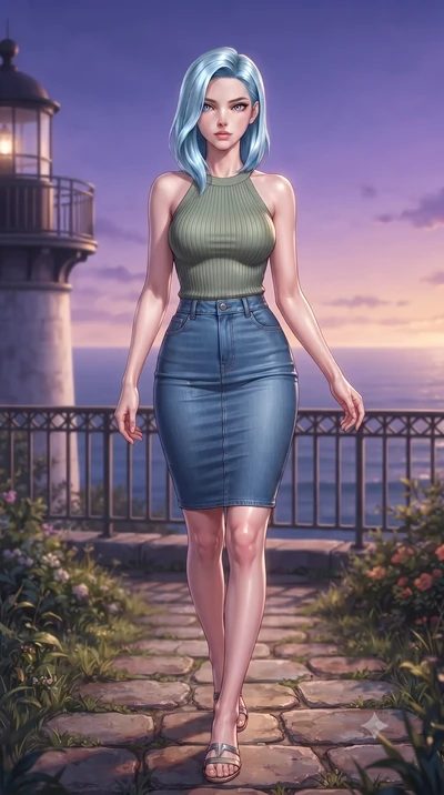 score_9, masterpiece, best quality, ultra-detailed, high-budget anime keyframe, editorial fashion photography, tasteful artistic composition, Korean woman woman. low angle full-body shot from head to toe showing her feet, filling the entire 9:16 vert