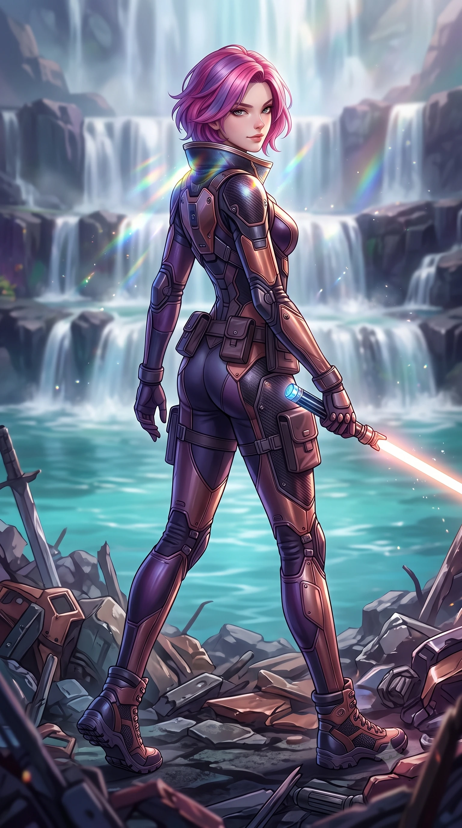 score_9, masterpiece, best quality, ultra-detailed, high-budget anime keyframe, editorial fashion photography, tasteful artistic composition, Caucasian woman. low angle full-body shot from head to toe showing her feet, filling the entire 9:16 vertical frame with her statuesque presence, stretching her vertical silhouette. stepping gracefully through battlefield debris with a glowing saber hilt in hand, looking back over her shoulder, the background shows a soft-focus a waterfall terrace made of dark basalt stone overlooking a turquoise river. She has an absolutely perfect, statuesque 8.5-heads proportion, an exceptionally tall and slender model-like female figure with impossibly long slender legs and an ultra-slim waist. sharp v-shaped jawline, high-bridge nose, intricate jewel-like eyes with depth, thick eyelashes, glossy lips with a natural sheen. wearing a slim-fit heavy-duty hazard suit with carbon reinforcement panels, featuring a high-neck protective collar and safety boots. shimmering light refracting through the water spray onto her elegant collarbone. highly saturated vibrant anime colors, detailed shading with soft gradients, rich glossy textures, high-contrast stereoscopic depth, volumetric dynamic lighting, master piece, 9:16 ratio