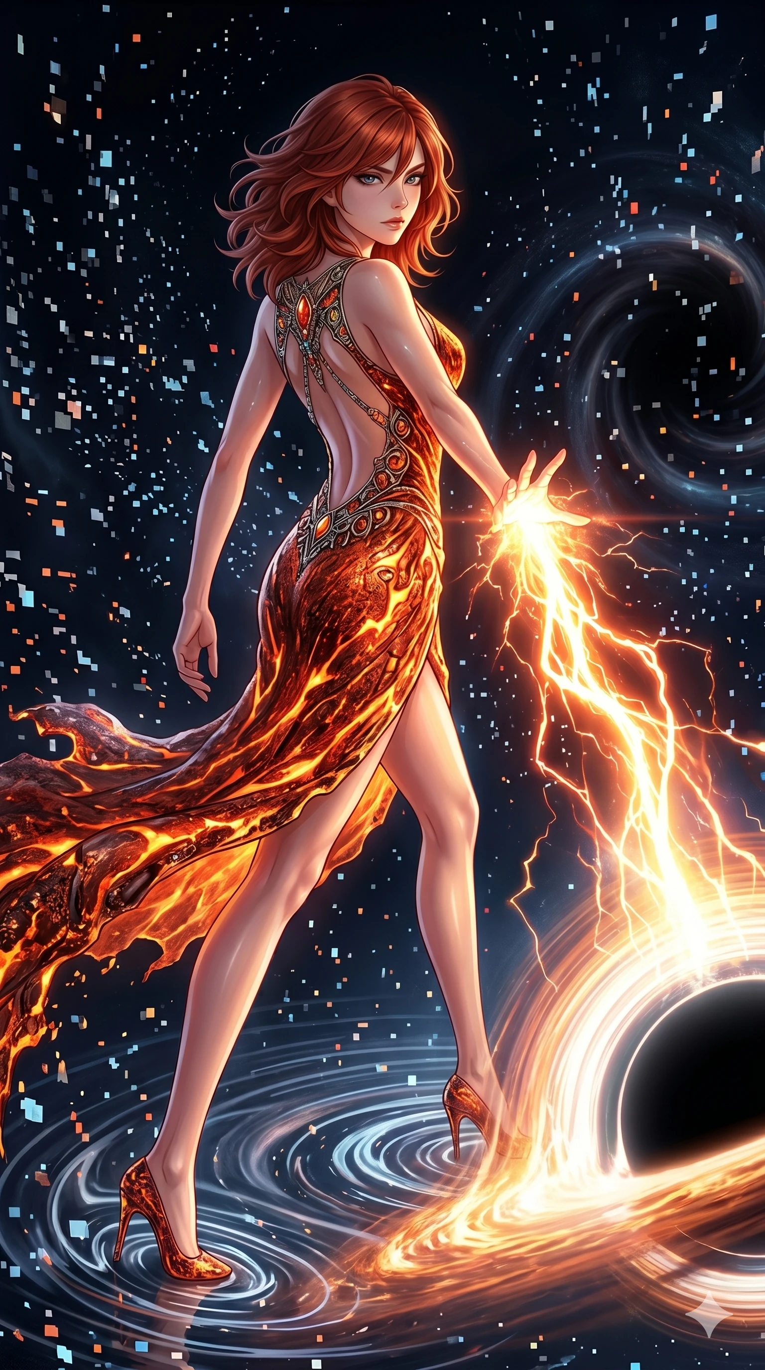 score_9, masterpiece, best quality, ultra-detailed, Set A: High-budget Anime Keyframe, Japanese woman. Low angle cowboy shot filling the entire 9:16 frame with her statuesque presence. Theme: Historical Remix. unleashing a massive energy wave in the edge of a black hole, as she steps on ripples of time that distort the space 221. The atmosphere is filled with a blizzard of digital pixels. She has an absolutely perfect 8-heads proportion, an exceptionally tall and slender female figure with impossibly long slender legs and an ultra-slim waist. Sharp v-shaped jawline, high-bridge nose, intricate jewel-like eyes with depth, glossy lips. Wearing Lava-textured metallic dress that glows with an internal fire, featuring an open back. Cinematic lighting, vivid colors, dramatic shadows, 2k, ultra detail, master piece, 9:16 ratio
