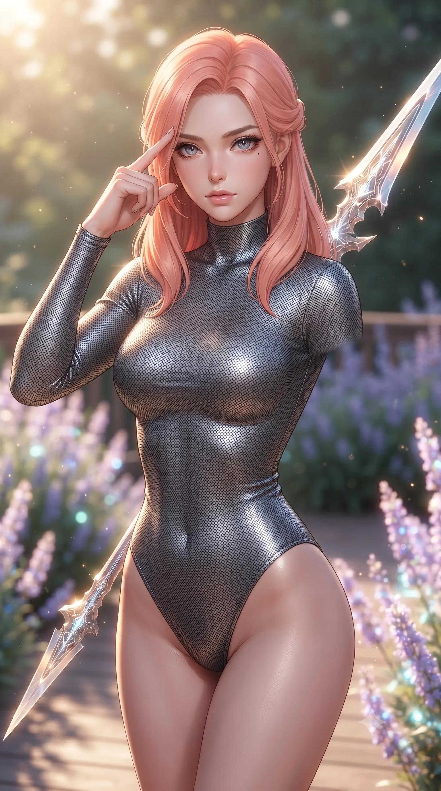 score_9, masterpiece, best quality, ultra-detailed, high-budget anime keyframe, editorial fashion photography, tasteful artistic composition, Japanese woman. close-up cowboy shot from the waist and thighs up, the character dominates the composition, filling the frame with her large presence, background elements kept in soft focus. pressing two fingers to her temple while holding a light-spear diagonally behind her in a composed thoughtful gesture, the background shows a soft-focus a private garden deck at a retreat, surrounded by wild holographic lavender bushes. She has an exceptionally elegant, slender, and willowy female figure with an ultra-slim waist, a gracefully sculpted slender torso, and a refined silhouette. sharp v-shaped jawline, high-bridge nose, intricate jewel-like eyes with depth, thick eyelashes, glossy lips with a natural sheen. wearing a tailored form-fitting dark grey nano-mesh bodysuit with a high-neck collar, tracing her slender waist and hips. soft golden afternoon sunbeams, casting a peaceful country glow. ultra-reflective glossy finish, specular highlights, metallic sheen, high-contrast stereoscopic depth, volumetric dynamic lighting, 2k, ultra detail, master piece, 9:16 ratio