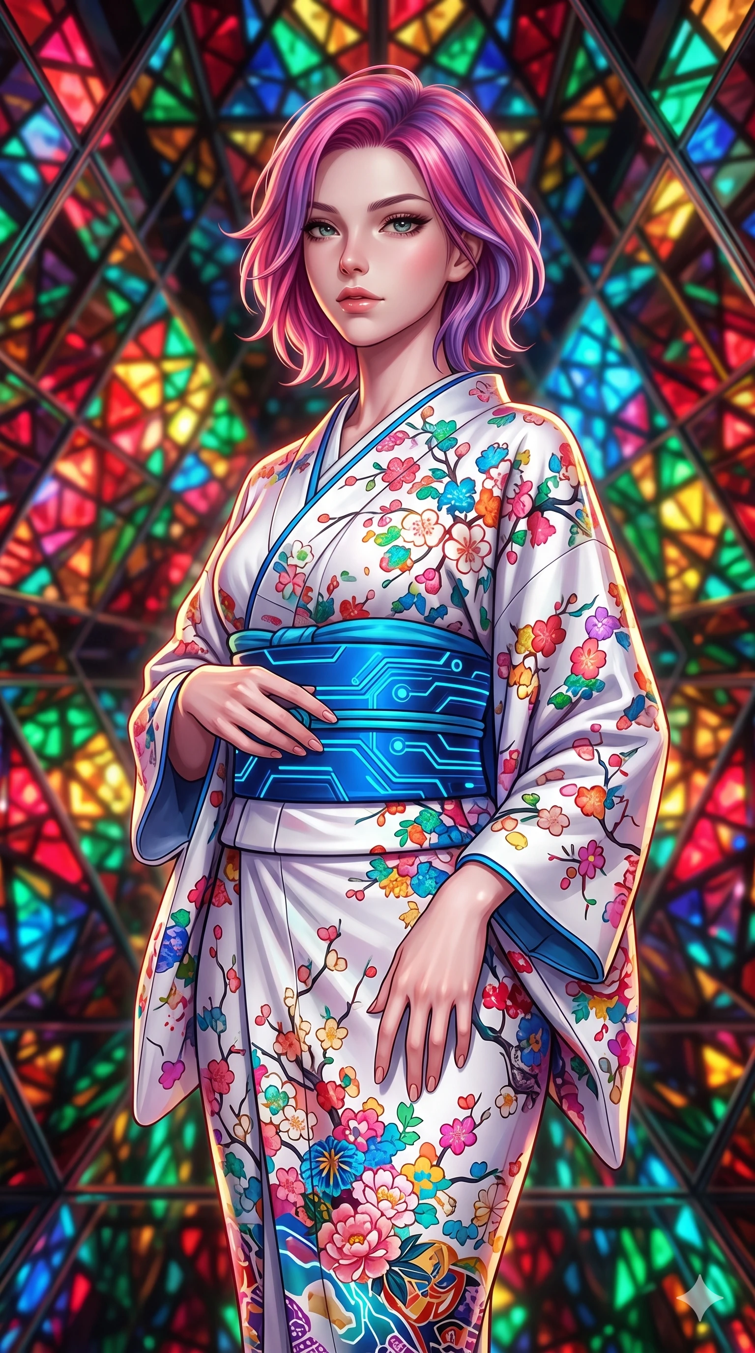 score_9, masterpiece, best quality, ultra-detailed, high-budget anime keyframe, editorial fashion photography, tasteful artistic composition, Caucasian woman, strictly human ears. close-up cowboy shot from the waist and thighs up, the character dominates the composition, filling the frame with her large presence, background elements kept in soft focus. Gazing past the camera with an air of effortless superiority. set against a soft-focus background of walking through the interior of a building-sized kaleidoscope where angled mirrors multiply geometric patterns of colored glass into infinite symmetrical fractals stretching in every direction. She has an exceptionally elegant and slender, willowy female figure with an ultra-slim waist, a gracefully sculpted slender torso, and a refined slim physique. sharp v-shaped jawline, high-bridge nose, intricate jewel-like eyes with depth, thick eyelashes, glossy lips with a natural sheen. wearing a modernized cyber-kimono in white silk with a vibrant multi-colored sakura print, bound by an electric-blue structured obi belt. intensely saturated light from colored glass elements reflecting and multiplying in the mirrors creating an overwhelming symphony of ruby emerald sapphire and amber light. 2k, ultra detail, master piece, 9:16 ratio