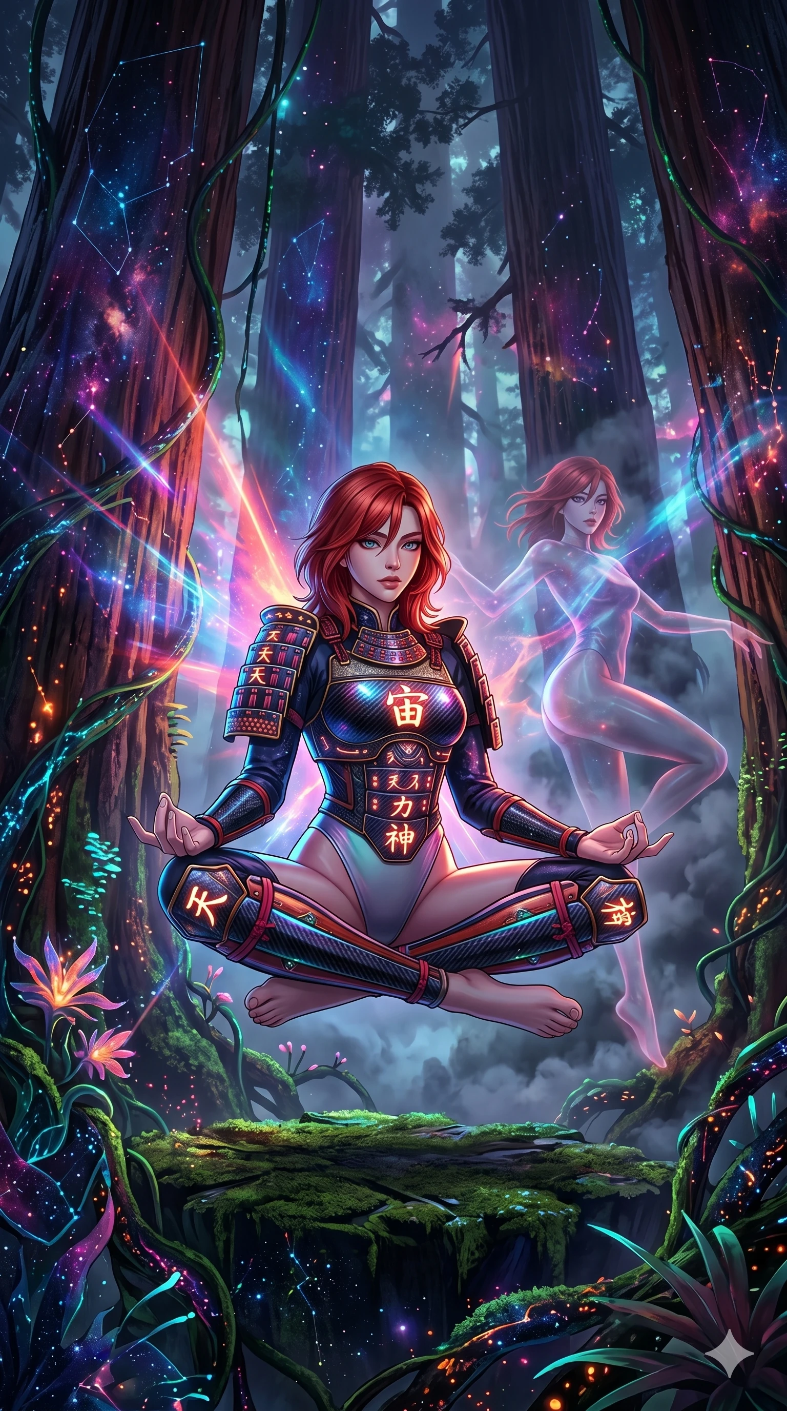 score_9, masterpiece, best quality, ultra-detailed, Set A: High-budget Anime Keyframe, Korean woman. Low angle cowboy shot filling the entire 9:16 frame with her statuesque presence. Theme: Abstract Cosmic. meditating in a giant redwood forest with glowing vines, as her reflection in the air starts to dance independently 55. The atmosphere is filled with heavy smog with neon flares. She has an absolutely perfect 8-heads proportion, an exceptionally tall and slender female figure with impossibly long slender legs and an ultra-slim waist. Sharp v-shaped jawline, high-bridge nose, intricate jewel-like eyes with depth, glossy lips. Wearing Modernized samurai armor over a high-cut silk leotard with glowing energy kanji. Cinematic lighting, vivid colors, dramatic shadows, 2k, ultra detail, master piece, 9:16 ratio