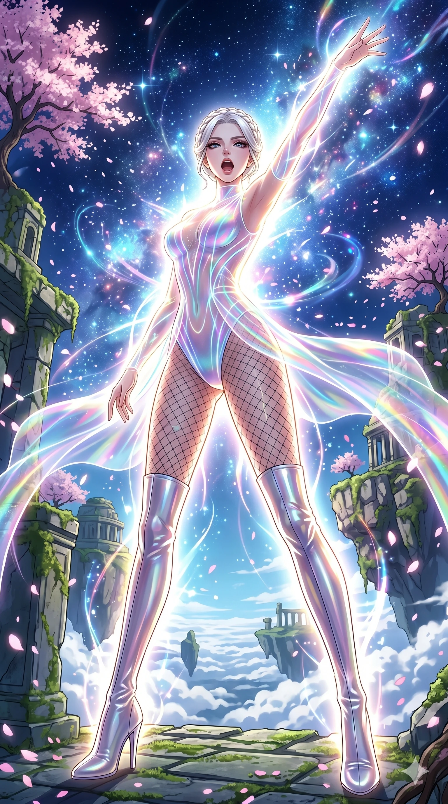 score_9, masterpiece, best quality, ultra-detailed, High-budget Anime Keyframe, vibrant colors, fluid line-art, expressive lighting, cinematic composition, Ufotable-style visual effects, top-tier animation quality, Korean woman with idol-like refined features. Dramatic low angle looking up at her majestic stature, dominating the vertical space of the composition. Transcending her physical form in a sudden flash of divine light, her silhouette becoming a being of pure energy. She has an absolutely perfect 8-heads proportion, an exceptionally tall and slender female figure with impossibly long slender legs and an ultra-slim waist, her statuesque height and towering silhouette dominating the vertical 9:16 frame. Her face is a masterpiece featuring a sharp v-shaped jawline, high-bridge nose, intricate jewel-like eyes with depth, thick eyelashes, and glossy lips with a natural sheen. She is wearing a Iridescent sheer catsuit with glowing lines that pulse in sync with her heartbeat crafted from Holographic chiffon that changes color with every movement, creating a rainbow effect, accompanied by sensual fishnet stockings and thigh-high metallic boots. The scene is set in an ancient floating island with pink cherry blossoms falling like snow against a blue sky, illuminated by flickering starlight and nebula glow providing a mystical and vast ambiance. 2k, ultra detail, master piece, 9:16 ratio