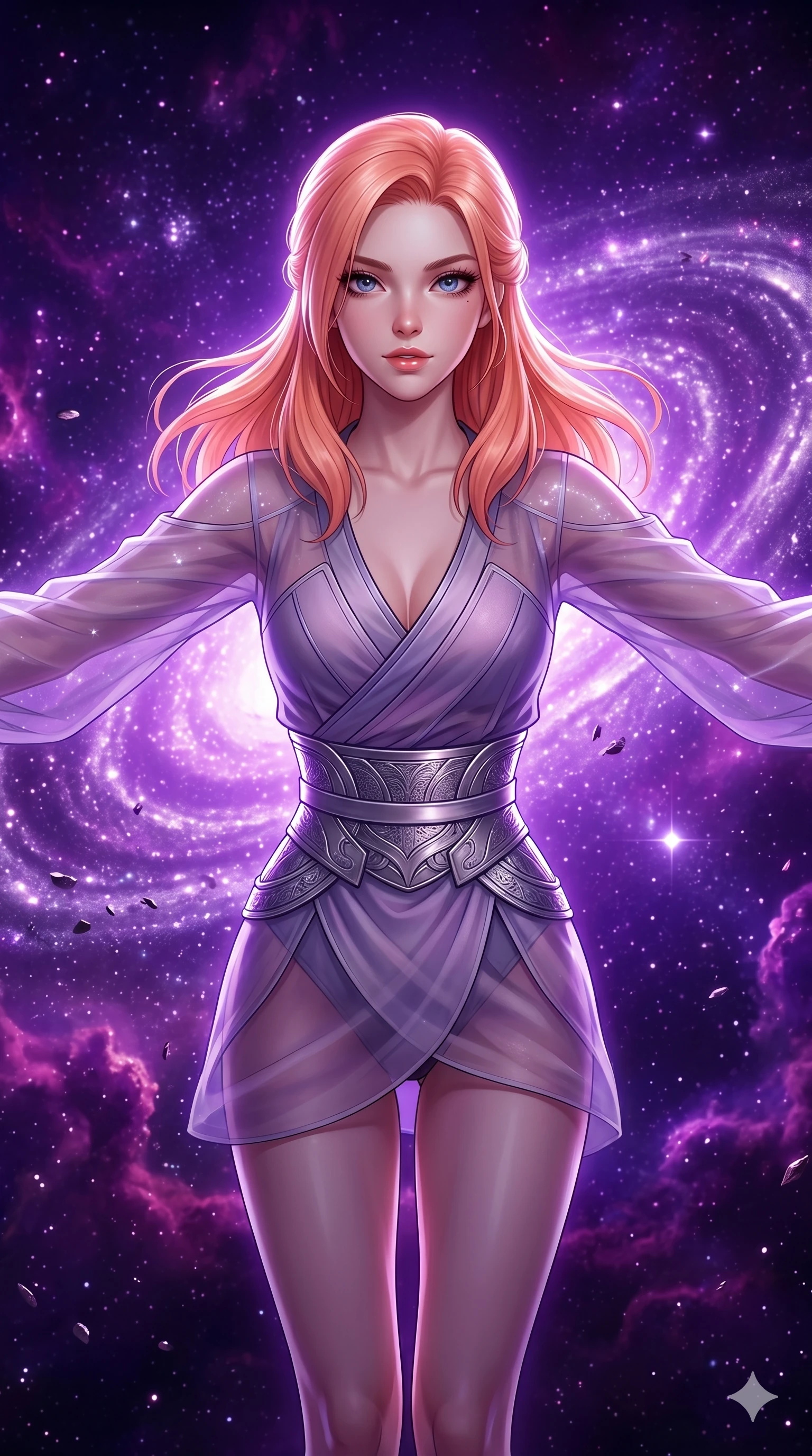 score_9, masterpiece, best quality, ultra-detailed, high-budget anime keyframe, semi-realistic 3D game render, Japanese woman. Upper body close-up from the thighs up, character filling the screen for maximum presence. She is floating weightlessly inside a brilliant violet galaxy, surrounded by swirling cosmic dust rings. She spreads her arms in a graceful flying pose, looking toward the camera. She has an absolutely perfect 8-heads proportion, an exceptionally tall and slender female figure with impossibly long slender legs and an ultra-slim waist. V-shaped jawline, high-bridge nose, intricate jewel-like eyes with depth, thick eyelashes, glossy lips with a natural sheen. She is wearing a shortened cyber-fusion wrap top with transparent chiffon panels, a deep crossover neckline, and a high-waisted metallic sash that accentuates her ultra-slim waist. The scene is bathed in brilliant purple starlight and a sharp white front key light highlighting her details. 2k, ultra detail, master piece, 9:16 ratio