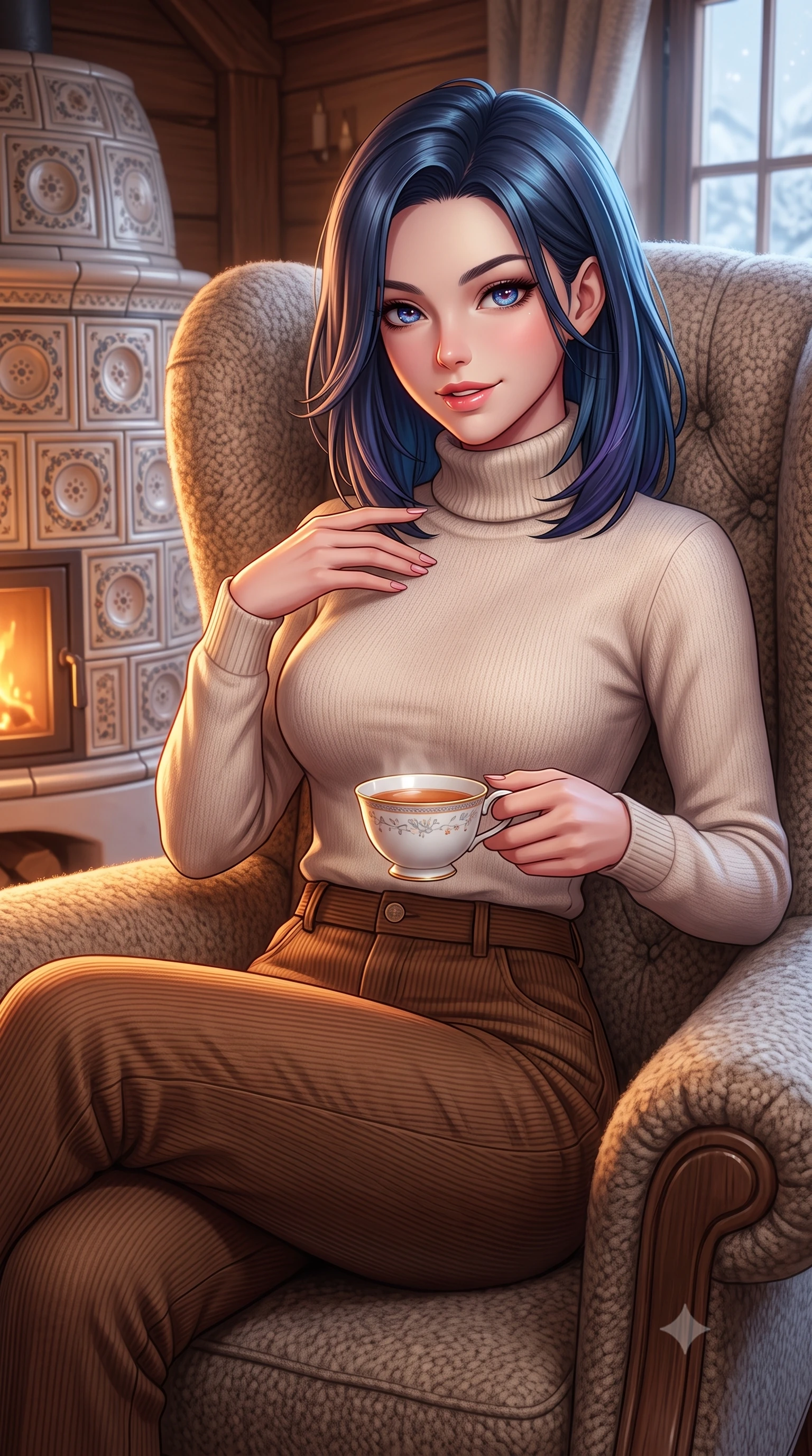 score_9, masterpiece, best quality, ultra-detailed, high-budget anime keyframe, semi-realistic 3D game render, editorial fashion photography, tasteful artistic composition, Caucasian woman. close-up cowboy shot from the waist and thighs up, the character dominates the composition, filling the frame with her large presence. tilting her chin up with a teasing half-smile, running one manicured hand lightly along her lapel with effortless magnetic allure while curled up comfortably in an oversized wool wingback chair beside a traditional ceramic tile stove, smiling warmly with teacup in hand. The surrounding environment is rendered in vivid detail and crisp panoramic clarity: detailed roll-neck cashmere sweater weave, tailored corduroy trouser ribs, and master alpine joinery in high resolution. She has an exceptionally elegant, slender, and willowy female figure with an ultra-slim waist, flat toned midriff, narrow ribcage, and sculpted feminine hips creating an alluring, slim hourglass silhouette without bulk. sharp v-shaped jawline, high-bridge nose, intricate jewel-like sparkling eyes with depth, thick eyelashes, glossy parted lips with a natural peach sheen, bright cheerful beaming smile with an enchanting and coquettish sensual glint, exuding both youthful cute charm and seductive allure, flawlessly proportioned anatomical accuracy, strict slender model proportions, natural body alignment, perfectly sculpted long slender limbs, ultra-slim waistline, clean dynamic posture without body distortion. wearing a sleek Taisho-modern tailored smoking jacket with a cinched silk sash worn over a body-hugging satin bustier top and fitted slacks in soft champagne ivory and warm biscuit beige, tailored from stretch wool crepe providing structured compression and razor-sharp bodycon lines, finished with a sleek gold chain belt resting snugly across her narrow waist and curving hips, the body-conscious tailored knit hugging her sculpted torso and curvaceous hips in a seamless, fluid line that highlights her statuesque model proportions. bathed in cozy 2700K warm ambient candlelight and soft porcelain stove radiance combined with cool winter window light. highly saturated vibrant anime colors, detailed shading with soft gradients, rich glossy textures, high-contrast stereoscopic depth, volumetric dynamic lighting, master piece, 9:16 ratio