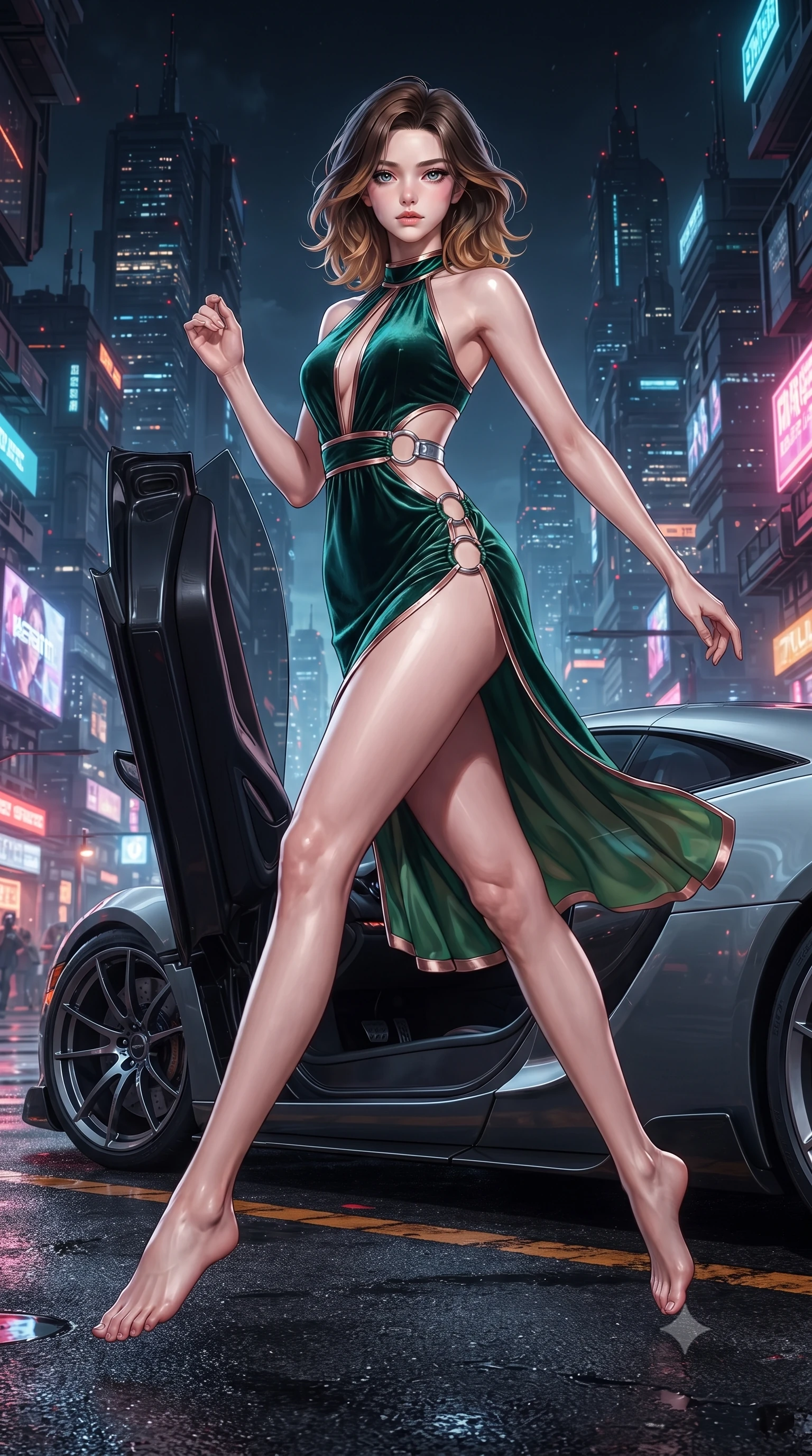 score_9, masterpiece, best quality, ultra-detailed, high-budget anime keyframe, editorial fashion photography, tasteful artistic composition, Korean woman. low angle full-body shot from head to toe showing her feet, filling the entire 9:16 vertical frame with her statuesque presence, stretching her vertical silhouette. leaping through mid-air with an athletic yet alluring arch of her spine, her impossibly long slender legs stretched in flawless poise while pivoting dynamically near the scissor doors of a sleek hyper-car overlooking a glowing cyberpunk metropolis. The surrounding environment is rendered in vivid detail and crisp panoramic clarity. intricate cyber-city skyline architecture, wet asphalt grain, and illuminated street textures in high clarity. She has an absolutely perfect, statuesque 8.5-heads proportion, an exceptionally tall and slender model-like female figure with impossibly long slender legs and an ultra-slim waist. sharp v-shaped jawline, high-bridge nose, intricate jewel-like eyes with depth, thick eyelashes, glossy lips with a natural sheen, flawlessly proportioned anatomical accuracy, natural body alignment, perfectly sculpted elegant limbs, clean dynamic posture without body distortion. wearing a velvet halter-neck midi dress fitting her statuesque contour flawlessly with a Tasteful chest slit and open spine in emerald green and metallic rose gold trim, made of smooth iridescent silk chiffon that shifts colors with movement, detailed with polished silver rings connecting the daring side-waist cutouts, the daring cutouts accentuating her delicate midriff, graceful collarbones, and feminine contour. surrounded by a high-octane, dangerous, and unapologetically sensual cyberpunk noir ambiance. ultra-reflective glossy finish, specular highlights, metallic sheen, high-contrast stereoscopic depth, volumetric dynamic lighting, 2k, ultra detail, master piece, 9:16 ratio