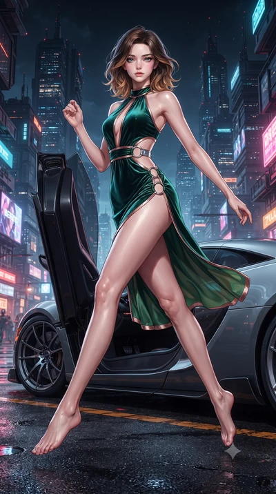 score_9, masterpiece, best quality, ultra-detailed, high-budget anime keyframe, editorial fashion photography, tasteful artistic composition, Korean woman. low angle full-body shot from head to toe showing her feet, filling the entire 9:16 vertical f