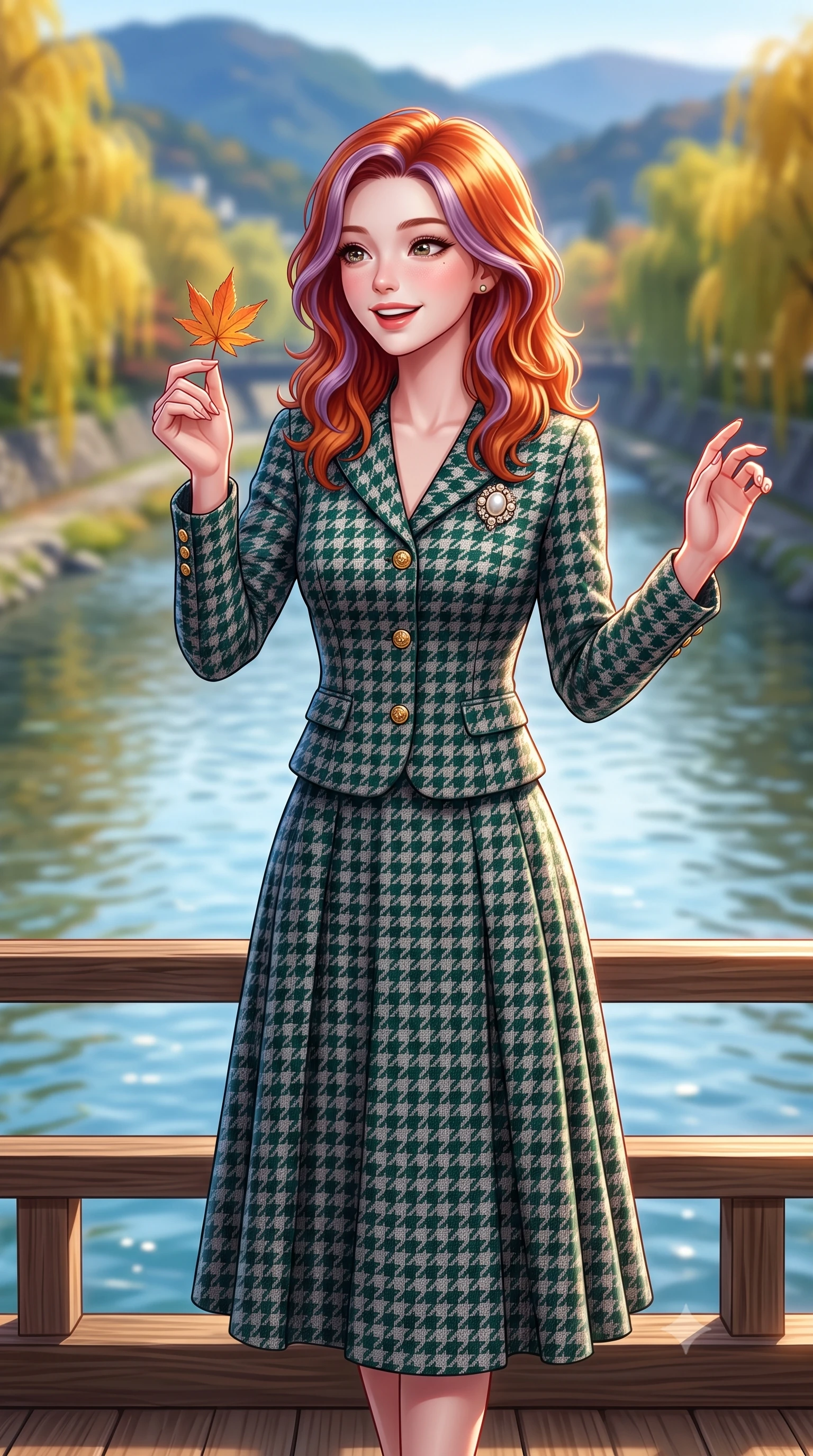 score_9, masterpiece, best quality, ultra-detailed, high-budget anime keyframe, semi-realistic 3D game render, editorial fashion photography, tasteful artistic composition, Caucasian woman. close-up cowboy shot from the waist and thighs up, the character dominates the composition, filling the frame with her large presence. holding a single autumn leaf delicately between manicured fingers, admiring it with a cheerful, parted-lip smile while standing poised on the wooden kawayuka deck suspended over the clear riverbank, looking out at autumn willows with a bright, beaming smile. The background shows a soft-focus clear flowing Kamogawa river waters, weeping willow trees turning gold along riverbanks, and distant Higashiyama hills blurred into indigo, golden olive, and slate bokeh. She has an exceptionally elegant, slender, and willowy female figure with an ultra-slim waist, flat toned midriff, narrow ribcage, and sculpted feminine hips creating an alluring, slim hourglass silhouette without bulk. sharp v-shaped jawline, high-bridge nose, intricate jewel-like sparkling eyes with depth, thick eyelashes, glossy parted lips with a natural peach sheen, bright cheerful beaming smile with an enchanting and coquettish sensual glint, exuding both youthful cute charm and seductive allure, flawlessly proportioned anatomical accuracy, strict slender model proportions, natural body alignment, perfectly sculpted long slender limbs, ultra-slim waistline, clean dynamic posture without body distortion. wearing a structured houndstooth tweed jacket with gold embossed buttons and a matching pleated A-line midi skirt in St. Moritz pine forest emerald and heather grey, tailored from heritage British Harris Tweed with rich multi-tonal yarn weave, complemented by an antique baroque pearl brooch pinned tastefully on the lapel, the streamlined silhouette following her natural slender proportions with sophisticated poise, enhancing her tall willowy presence. illuminated by river water specular reflection bounce and sharp copper-rose rim lights sculpting her jawline, narrow waist, and graceful model proportions. highly saturated vibrant anime colors, detailed shading with soft gradients, rich glossy textures, high-contrast stereoscopic depth, volumetric dynamic lighting, master piece, 9:16 ratio