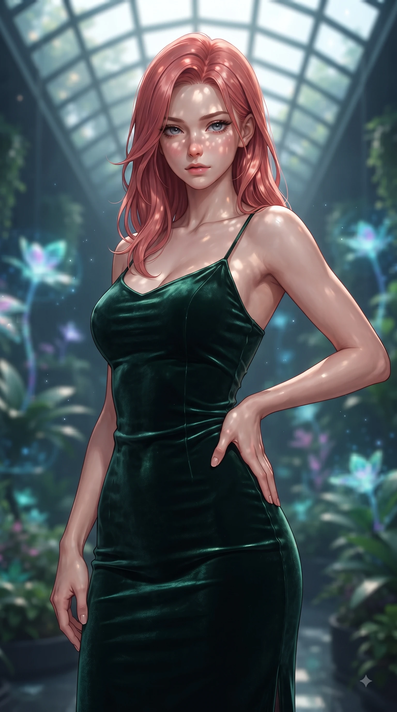 score_9, masterpiece, best quality, ultra-detailed, high-budget anime keyframe, editorial fashion photography, tasteful artistic composition, Japanese woman woman. close-up cowboy shot from the waist and thighs up, the character dominates the composition, filling the frame with her large presence, background elements kept in soft focus. She has an exceptionally elegant, slender, and willowy female figure with an ultra-slim waist, a gracefully sculpted slender torso, and a refined silhouette. casting a slow, direct gaze beneath heavy lashes with magnetic intensity, flawlessly proportioned anatomical accuracy, natural body alignment, perfectly sculpted elegant limbs, clean dynamic posture without body distortion. set against a soft-focus background of a futuristic botanical pavilion with floating hologram plants. wearing a fitted dark emerald velvet slip dress with a smooth liquid sheen and delicate straps. bathed in dappled morning sunlight filtering through glass roof grid structures. ultra-reflective glossy finish, specular highlights, metallic sheen, high-contrast stereoscopic depth, volumetric dynamic lighting, 2k, ultra detail, master piece, 9:16 ratio
