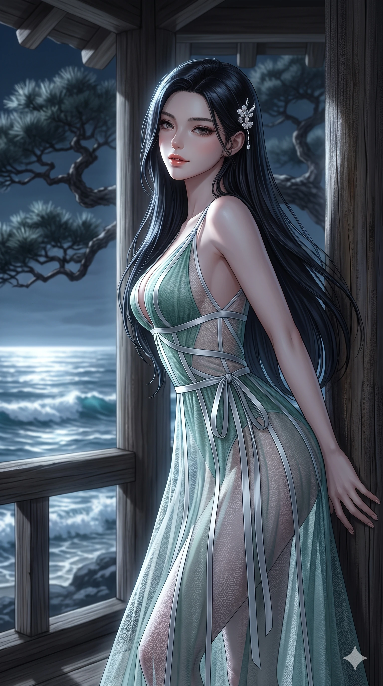 score_9, masterpiece, best quality, ultra-detailed, high-budget anime keyframe, editorial fashion photography, tasteful artistic composition, Korean woman. close-up cowboy shot from the waist and thighs up, the character dominates the composition, filling the frame with her large presence. twisting her slender torso in a deep contrapposto stance, hips dramatically shifted to accentuate her feminine curves while looking past her shoulder with smoldering bedroom-eyes while leaning against the weathered wooden pillar with hips cocked back, looking out into the crashing ocean waves with smoldering bedroom-eyes. The background shows a soft-focus gnarled ancient pine silhouettes and rolling ocean waves below blurred into deep midnight navy, silver, and charcoal bokeh. She has an exceptionally elegant, slender, and willowy female figure with an ultra-slim waist, flat toned midriff, narrow ribcage, and sculpted feminine hips creating an alluring, slim hourglass silhouette without bulk. sharp v-shaped jawline, high-bridge nose, sparkling eyes with hypnotic seductive depth, thick curled eyelashes, glossy parted lips with a natural dewy peach sheen, alluring bedroom-eyes with an enchanting coquettish smile, exuding magnetic siren charisma and sophisticated glamour, flawlessly proportioned anatomical accuracy, strict slender model proportions, natural body alignment, perfectly sculpted long slender limbs, ultra-slim waistline, clean dynamic posture without body distortion. wearing a plunge-front sheer illusion tulle slip dress with liquid platinum ribbon stripes and silk otgoreum ties hugging her curves in moonlit jade green and pure alabaster white with silver accents, made of delicate semi-sheer nanotech mesh with airy hexagonal open-weaves, finished with delicate mother-of-pearl hairpin ornaments glinting in her dark glossy hair, the bespoke structured tailoring following the natural line of her 8.5-heads silhouette with refined elegance. bathed in brilliant horizontal moonlight sweeping across the ocean surface and into the open timber pavilion. ultra-reflective glossy finish, specular highlights, rich textural contrasts, high-contrast stereoscopic depth, volumetric dynamic lighting, 2k, ultra detail, master piece, 9:16 ratio