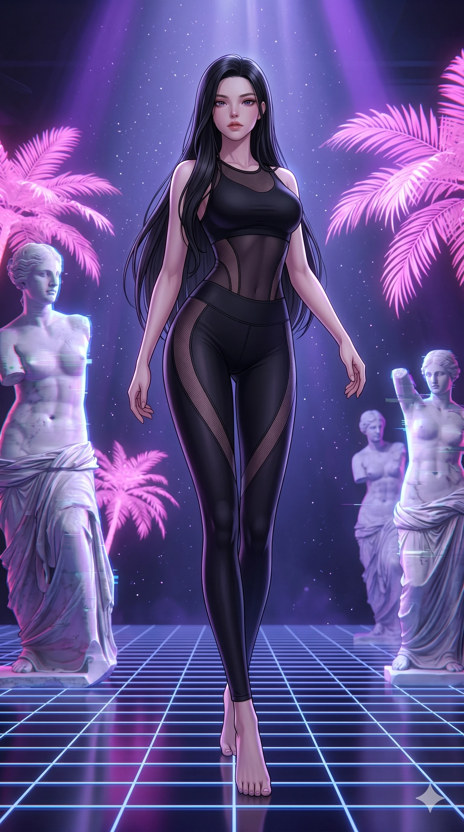 score_9, masterpiece, best quality, ultra-detailed, high-budget anime keyframe, Korean woman. low angle full-body shot filling the entire 9:16 frame with her statuesque presence, stretching the vertical silhouette. drifting through a holographic vaporwave oasis with floating grid floors, lo-fi marble statues, and glowing pink palms. She has an absolutely perfect 8-heads proportion, an exceptionally tall and slender female figure with impossibly long slender legs and an ultra-slim waist. V-shaped jawline, high-bridge nose, intricate jewel-like eyes with depth, thick eyelashes, glossy lips with a natural sheen.. wearing a sheer mesh athleisure set, featuring a tight matte black top and leggings with semi-opaque mesh panels tracing the curves of her waist and thighs. illuminated by dramatic chiaroscuro casting soft shadows along her curves, with vibrant backlighting highlighting the dust particles. 2k, ultra detail, master piece, 9:16 ratio