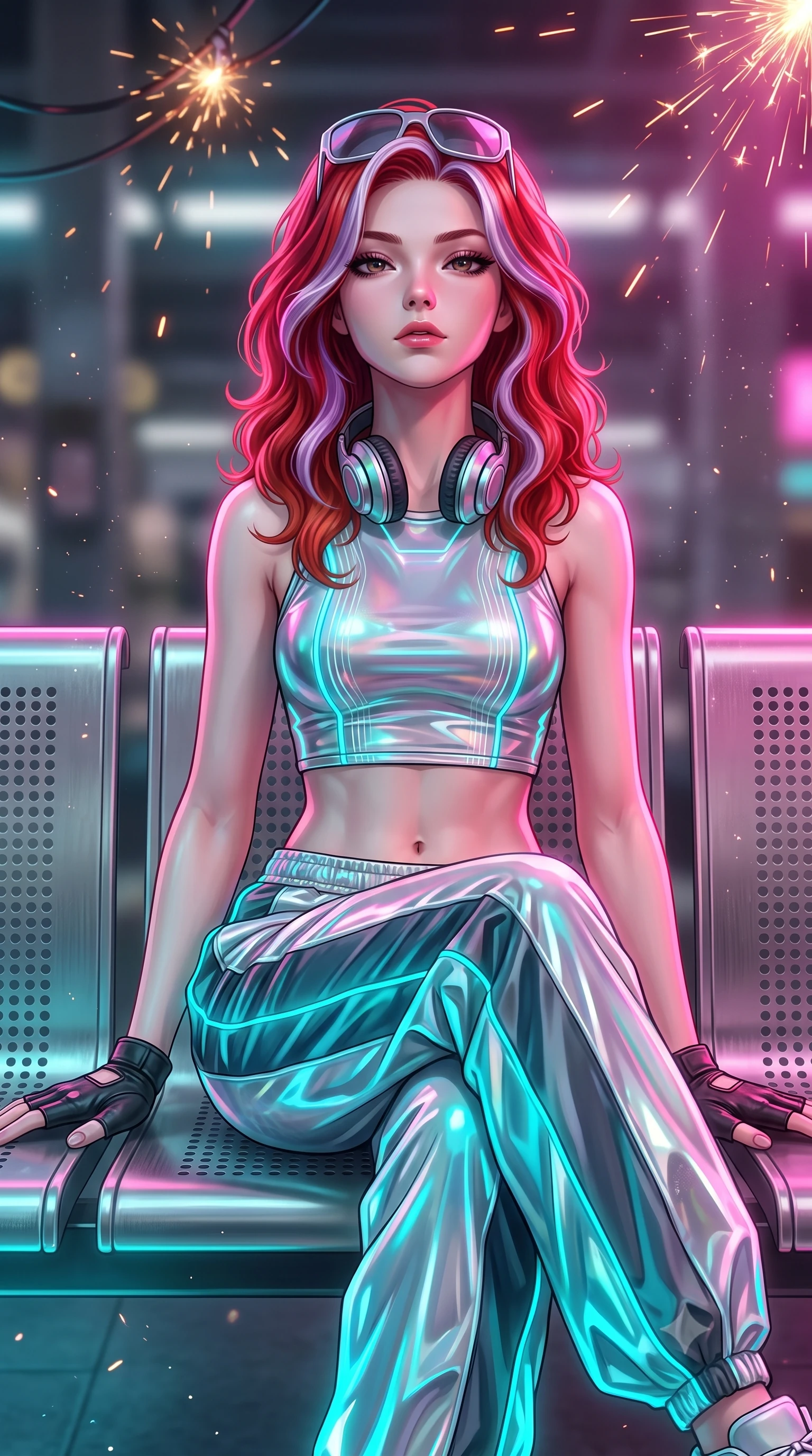 score_9, masterpiece, best quality, ultra-detailed, high-budget anime keyframe, semi-realistic 3D game render, editorial fashion photography, tasteful artistic composition, Caucasian woman. close-up cowboy shot from the waist and thighs up, the character dominates the composition, filling the frame with her large presence. tilting her chin up with proud, sovereign confidence while gazing directly into the lens with thick, dark eyelashes while sitting casually on a stainless steel station bench with legs crossed, headphones around her neck, looking directly into the lens. The composition keeps background elements in soft focus with creamy bokeh. sparks from overhead power rails and floating dust particles catching neon light motes. She has an exceptionally elegant, slender, and willowy female figure with an ultra-slim waist, a gracefully sculpted slender torso, toned flat midriff, and a refined slim silhouette. sharp v-shaped jawline, high-bridge nose, intricate jewel-like eyes with depth, thick eyelashes, glossy lips with a natural sheen, captivating and magnetic expression, flawlessly proportioned anatomical accuracy, strict slender model proportions, natural body alignment, perfectly sculpted long slender limbs, ultra-slim waistline, clean dynamic posture without body distortion. wearing a Y2K racerback crop tank paired with oversized two-tone nylon windbreaker pants and a grommet belt in holographic silver and electric cyan, made of semi-translucent cybernetic vinyl with glowing micro-filaments, accessorized with retro futuristic sunglasses and fingerless leather gloves, the liquid-tight tailored fabric emphasizing every curve of her tall, slender model proportions and sculptured silhouette during dynamic movement. bathed in high-contrast dual lighting of neon pink floodlights and electric cyan underlights. highly saturated vibrant anime colors, detailed shading with soft gradients, rich glossy textures, high-contrast stereoscopic depth, volumetric dynamic lighting, master piece, 9:16 ratio