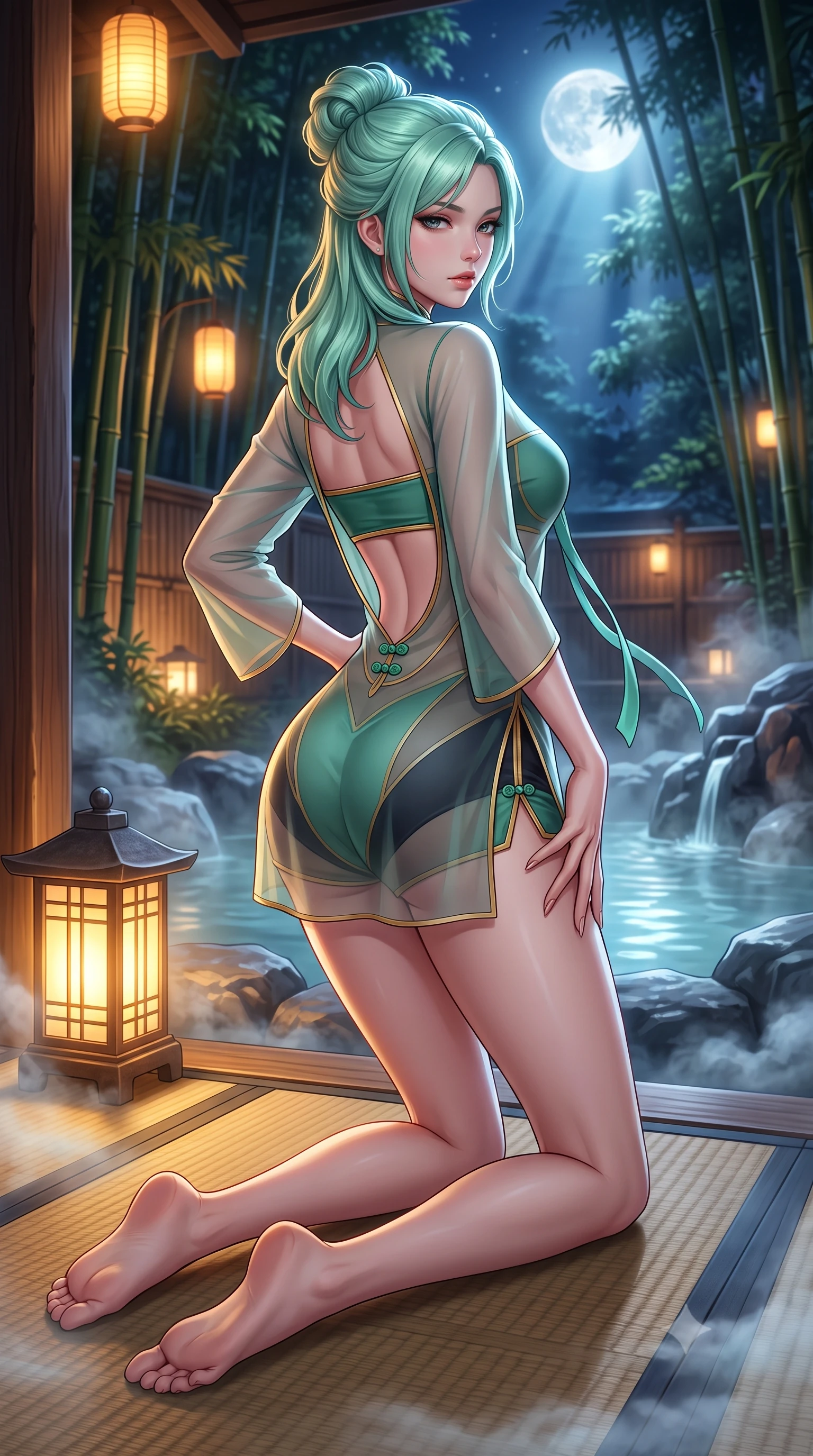 score_9, masterpiece, best quality, ultra-detailed, high-budget anime keyframe, semi-realistic 3D game render, editorial fashion photography, tasteful artistic composition, Japanese woman. low angle full-body shot from head to toe showing her feet, filling the entire 9:16 vertical frame with her statuesque presence, stretching her vertical silhouette. posing with back turned slightly to the lens, glancing back with smoldering allure as she arches her lower back to emphasize her sculpted feminine hips and slender waist while kneeling gracefully on the warm tatami deck beside a glowing stone lantern, one hand resting on her bare hip as cool river mist curls around her. The surrounding environment is rendered in vivid detail and crisp panoramic clarity. atmospheric nocturnal Japanese chiaroscuro and serene hot-spring retreat luxury rendered with precision. She has an absolutely perfect, statuesque 8.5-heads proportion, an exceptionally tall and slender model-like female figure with impossibly long slender legs, a toned flat midriff, an ultra-slim waist, and beautifully sculpted feminine hips. sharp v-shaped jawline, high-bridge nose, intricate jewel-like eyes with depth, thick eyelashes, glossy parted lips with a natural sheen, intensely captivating and seductive bedroom-eyes expression, flawlessly proportioned anatomical accuracy, strict slender model proportions, natural body alignment, perfectly sculpted long slender limbs, ultra-slim waistline, clean dynamic posture without body distortion. wearing a sheer chiffon onsen coverup worn over a form-contouring gold-piped bandeau and micro-shorts in jade green and dark obsidian, made of sheer contouring power-mesh panels with anatomical curve lines, finished with genuine jade button closures and floating celestial silk ribbons, the dramatically scooped open back descending to the base of her spine, accentuating her razor-sharp statuesque lines and curvy hourglass silhouette. bathed in cool silver full-moon light streaming through the bamboo canopy and warm amber lantern downlights. highly saturated vibrant anime colors, detailed shading with soft gradients, rich glossy textures, high-contrast stereoscopic depth, volumetric dynamic lighting, master piece, 9:16 ratio