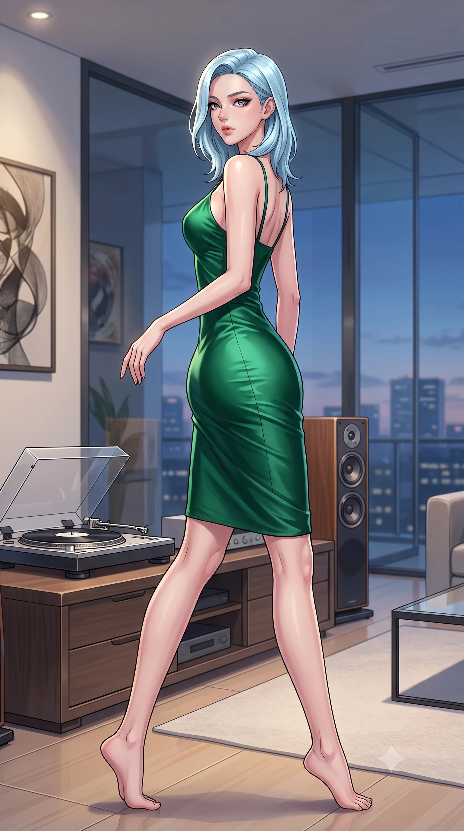 score_9, masterpiece, best quality, ultra-detailed, high-budget anime keyframe, tasteful artistic composition, Korean woman. low angle full-body shot from head to toe showing her feet, filling the entire 9:16 vertical frame with her statuesque presence, stretching her vertical silhouette. stepping gracefully while looking back over her shoulder, her dress draped tightly to reveal her silhouette the background shows a soft-focus a luxury penthouse lounge with a modern turntable and high-end audio speakers. She has an absolutely perfect, statuesque 8.5-heads proportion, an exceptionally tall and slender model-like female figure with impossibly long slender legs and an ultra-slim waist. sharp v-shaped jawline, high-bridge nose, intricate jewel-like eyes with depth, thick eyelashes, glossy lips with a natural sheen. wearing a slim-fit form-contouring emerald green silk slip dress that hugs her slender waist and hips. soft spotlighting highlighting the silk textures of her gown. highly saturated vibrant anime colors, cel-shading, 2d style, master piece, 9:16 ratio