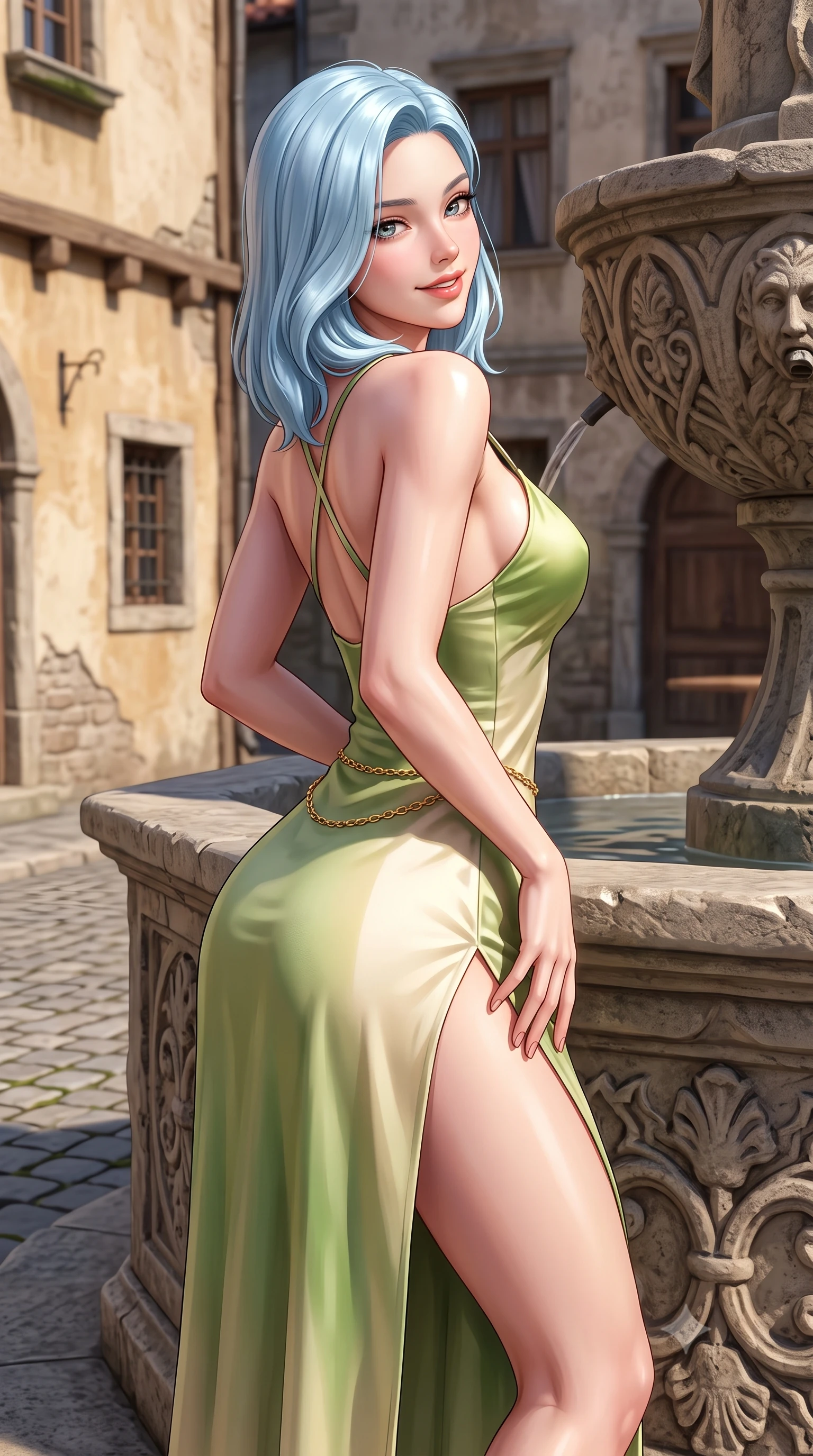 score_9, masterpiece, best quality, ultra-detailed, high-budget anime keyframe, semi-realistic 3D game render, editorial fashion photography, tasteful artistic composition, Korean woman. close-up cowboy shot from the waist and thighs up, the character dominates the composition, filling the frame with her large presence. tilting her head with a cute beaming smile while arching her spine with effortless dancer poise, one hand sliding along her hip line in a flirtatious S-curve while leaning against a carved stone fountain rim with hips cocked back, looking over a bare shoulder with an alluring, carefree girlhood gaze. The surrounding environment is rendered in vivid detail and crisp panoramic clarity. sharp medieval stucco wall textures, stone fountain carvings, and cobblestone pavement joints in deep focus. She has an exceptionally elegant, slender, and willowy female figure with an ultra-slim waist, flat toned midriff, narrow ribcage, and sculpted feminine hips creating an alluring, slim hourglass silhouette without bulk. sharp v-shaped jawline, high-bridge nose, intricate jewel-like sparkling eyes with depth, thick eyelashes, glossy parted lips with a natural peach sheen, bright cheerful beaming smile with an enchanting and coquettish sensual glint, exuding both youthful cute charm and seductive allure, flawlessly proportioned anatomical accuracy, strict slender model proportions, natural body alignment, perfectly sculpted long slender limbs, ultra-slim waistline, clean dynamic posture without body distortion. wearing a breezy silk-satin slip dress featuring a thigh-high side slit ascending to the high hip and criss-cross back straps in matcha green and warm ivory, made of smooth fluid silk satin with a delicate pearlescent sheen, accented with a delicate gold chain belt resting loosely on her curvy hips, the high-waisted tailoring accentuating her ultra-slim waistline and the enchanting curve of her feminine hips with alluring charm. illuminated by vibrant painted facade bounce light contouring her razor-sharp jawline, narrow waist, and curvy hips. highly saturated vibrant anime colors, detailed shading with soft gradients, rich glossy textures, high-contrast stereoscopic depth, volumetric dynamic lighting, master piece, 9:16 ratio