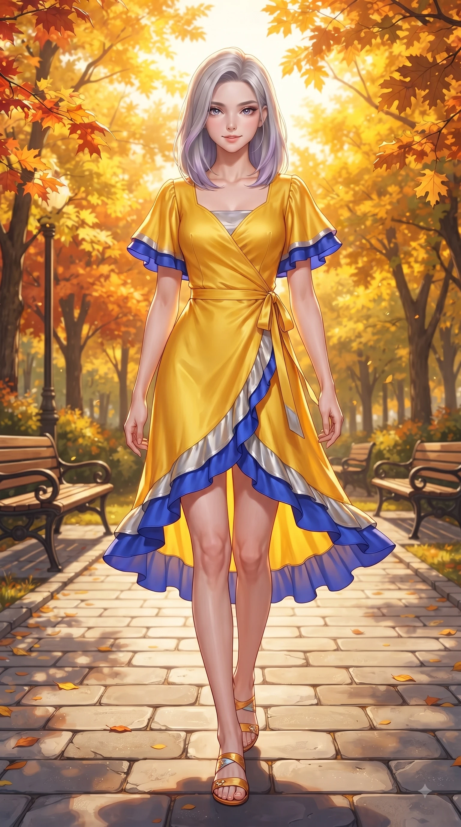 score_9, masterpiece, best quality, ultra-detailed, high-budget anime keyframe, editorial fashion photography, tasteful artistic composition, Caucasian woman. low angle full-body shot from head to toe showing her feet, filling the entire 9:16 vertical frame with her statuesque presence, stretching her vertical silhouette. Pure innocent expression with clear crystalline eyes, a gentle tender smile, and an airy serene aura while stepping along a paved park path flanked by vibrant autumn trees under a clear blue sky. The surrounding environment is rendered in vivid detail and crisp panoramic clarity. intricate leaf vein textures, classic wooden park benches, and stone park paths in sharp resolution. She has an absolutely perfect, statuesque 8.5-heads proportion, an exceptionally tall and slender model-like female figure with impossibly long slender legs and an ultra-slim waist. sharp v-shaped jawline, high-bridge nose, intricate jewel-like eyes with depth, thick eyelashes, glossy lips with a natural sheen, flawlessly proportioned anatomical accuracy, natural body alignment, perfectly sculpted elegant limbs, clean dynamic posture without body distortion. wearing a cheerful sunflower yellow silk wrap dress with fluttery ruffle hems in electric cobalt blue and polished silver accent, crafted from soft breathable Italian linen, featuring elegant flutter sleeves and a graceful square neckline, the chic fashion cut framing her graceful clavicle and slender torso. bathed in brilliant golden autumn sunlight and warm tree canopy backlighting. ultra-reflective glossy finish, specular highlights, metallic sheen, high-contrast stereoscopic depth, volumetric dynamic lighting, 2k, ultra detail, master piece, 9:16 ratio