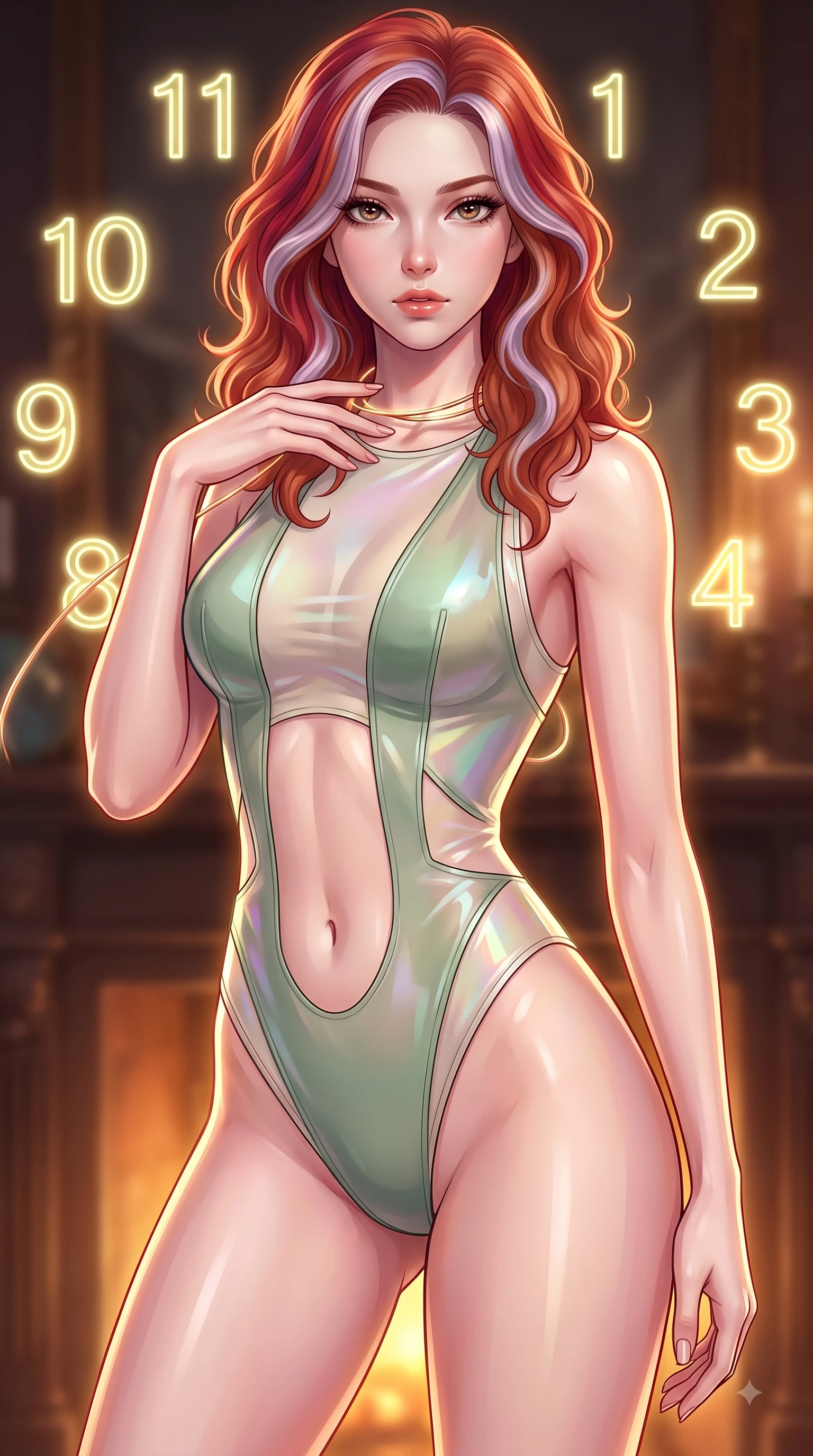score_9, masterpiece, best quality, ultra-detailed, high-budget anime keyframe, editorial fashion photography, tasteful artistic composition, Caucasian woman. close-up cowboy shot from the waist and thighs up, the character dominates the composition, filling the frame with her large presence, background elements kept in soft focus. Pivoting her torso in an alluring S-curve alignment, one hand gently tracing her collarbone with poise while threading glowing clockwork spring wires in a vintage archives hall with magnetic allure, glowing neon clock numbers floating in the air with vintage elegancy. She has an exceptionally elegant, slender, and willowy female figure with an ultra-slim waist, a gracefully sculpted slender torso, and a refined silhouette. sharp v-shaped jawline, high-bridge nose, intricate jewel-like eyes with depth, thick eyelashes, glossy lips with a natural sheen, flawlessly proportioned anatomical accuracy, natural body alignment, perfectly sculpted elegant limbs, clean dynamic posture without body distortion. wearing a high-cut translucent vinyl leotard with front paneling and open back in sage green and oatmeal, crafted from iridescent chiffon that shifts colors in the light, featuring subtle geometric cutouts that highlight her ultra-slim midriff, the elegant draped fit framing her graceful clavicle and slender torso. surrounded by warm hearth light and dramatic bronze rim highlights. highly saturated vibrant anime colors, detailed shading with soft gradients, rich glossy textures, high-contrast stereoscopic depth, volumetric dynamic lighting, master piece, 9:16 ratio
