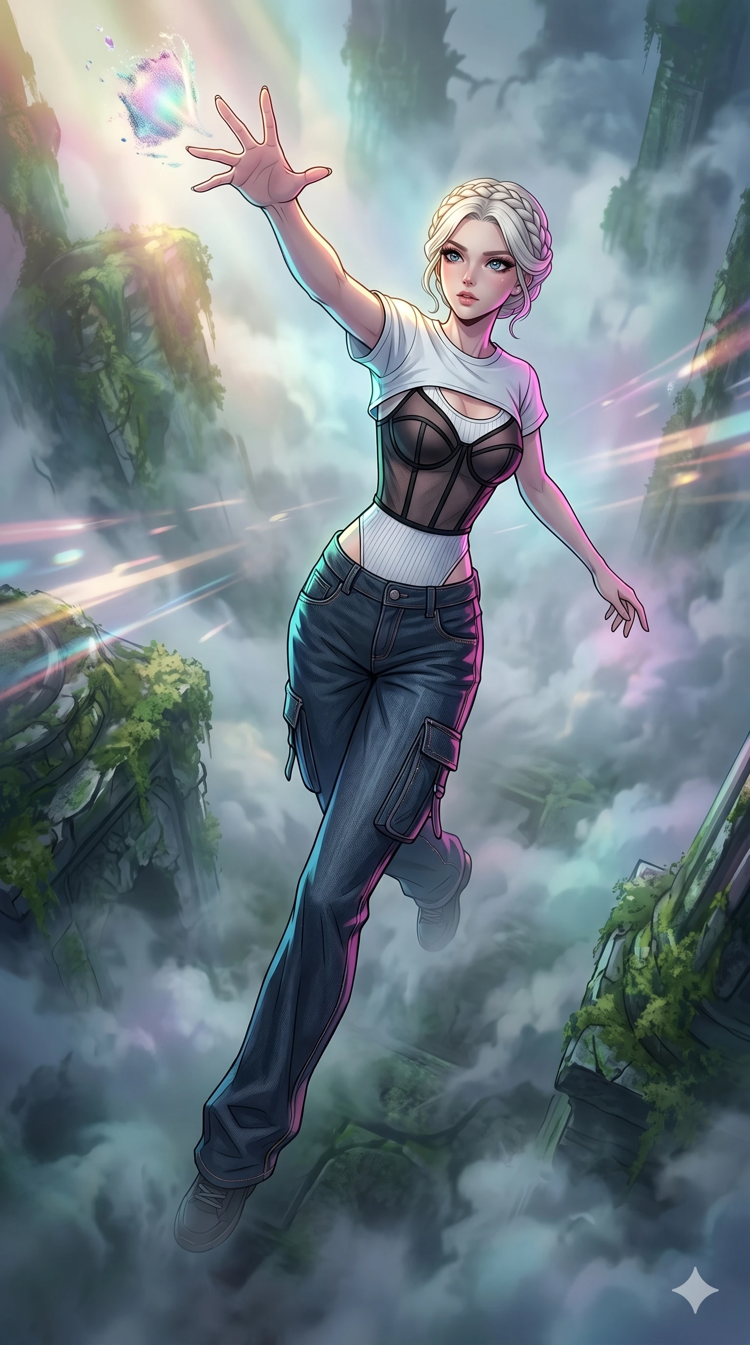 score_9, masterpiece, best quality, ultra-detailed, high-budget anime movie keyframe, cinematic anime lighting, intricate line art, Caucasian (strictly human ears) woman. Dynamic full-body shot stretching the vertical silhouette with extreme perspective. reaching out for a disappearing memory in a world of mist. She has an absolutely perfect 8-heads proportion, an exceptionally tall and slender female figure with an ultra-slim waist and impossibly long slender legs. strictly human anatomy, two legs only, no extra limbs, clearly defined legs and arms, perfect anatomy, perfect hands and fingers. sharp v-shaped jawline, high-bridge nose, intricate jewel-like eyes, thick eyelashes, glossy lips. Wearing Urban Trendsetter: Ribbed bodycon dress, crop top with high-waist denim, and sheer corset with cargo pants. The scene is illuminated by dramatic atmospheric lighting and vibrant color palettes. , 2k, ultra detail, master piece, 9:16 ratio