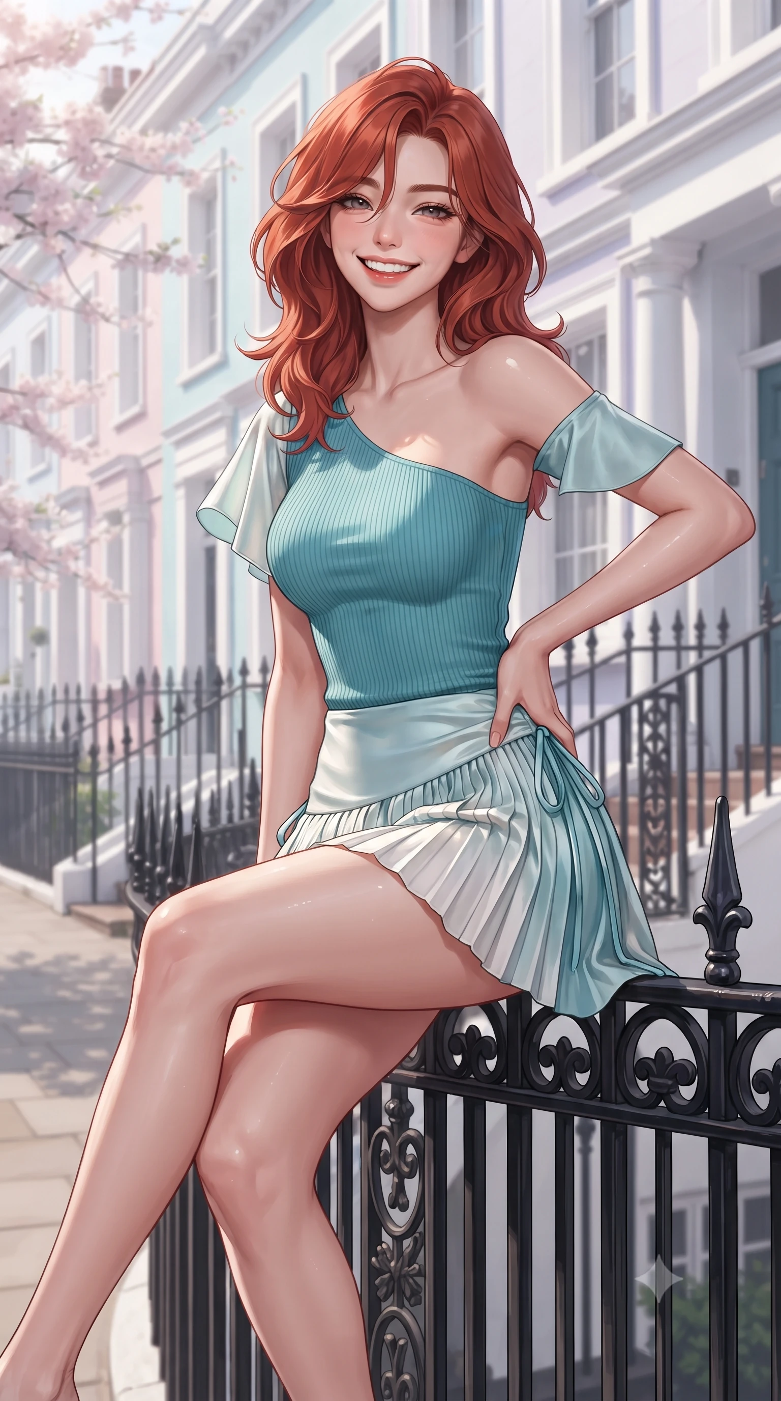 score_9, masterpiece, best quality, ultra-detailed, high-budget anime keyframe, editorial fashion photography, tasteful artistic composition, Korean woman. close-up cowboy shot from the waist and thighs up, the character dominates the composition, filling the frame with her large presence. tilting her head with a cute beaming smile while arching her spine with effortless dancer poise, one hand sliding along her hip line in a flirtatious S-curve while sitting on the black wrought-iron railing with legs crossed, her long slender legs and narrow waist highlighted in the soft British spring light. The surrounding environment is rendered in vivid detail and crisp panoramic clarity. detailed pastel tweed outfit texture, soft sunlight glints on skin, and Notting Hill street clarity in high resolution. She has an exceptionally elegant, slender, and willowy female figure with an ultra-slim waist, flat toned midriff, narrow ribcage, and sculpted feminine hips creating an alluring, slim hourglass silhouette without bulk. sharp v-shaped jawline, high-bridge nose, intricate jewel-like sparkling eyes with depth, thick eyelashes, glossy parted lips with a natural peach sheen, bright cheerful beaming smile with an enchanting and coquettish sensual glint, exuding both youthful cute charm and seductive allure, flawlessly proportioned anatomical accuracy, strict slender model proportions, natural body alignment, perfectly sculpted long slender limbs, ultra-slim waistline, clean dynamic posture without body distortion. wearing an asymmetrical one-shoulder ribbed top paired with a micro-pleated skirt with side hip ties in ocean turquoise and sea-salt white, made of smooth fluid silk satin with a delicate pearlescent sheen, featuring elegant flutter sleeves and a graceful square neckline, the form-contouring cut accentuating her sculpted flat midriff, narrow delicate ribcage, and gracefully curvy hips with supermodel precision. illuminated by white portico bounce light sharply sculpting her razor-sharp jawline, narrow waist, and curvy hips. ultra-reflective glossy finish, specular highlights, rich textural contrasts, high-contrast stereoscopic depth, volumetric dynamic lighting, 2k, ultra detail, master piece, 9:16 ratio