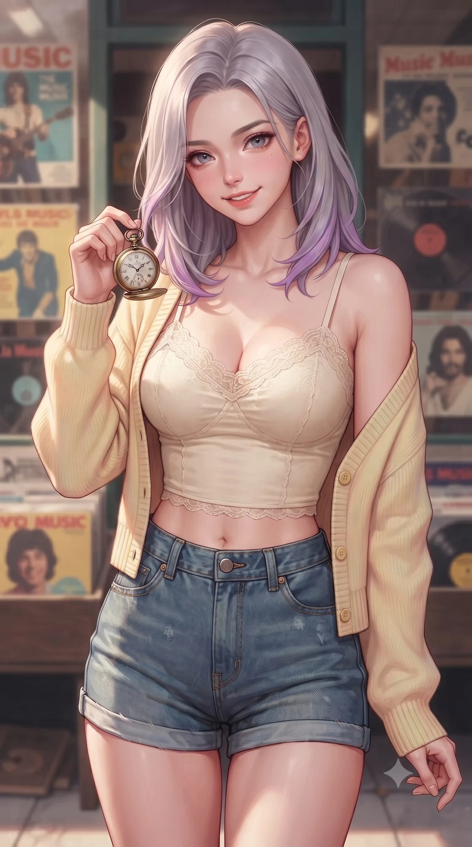 score_9, masterpiece, best quality, ultra-detailed, high-budget anime keyframe, editorial fashion photography, tasteful artistic composition, Caucasian woman. close-up cowboy shot from the waist and thighs up, the character dominates the composition, filling the frame with her large presence, background elements kept in soft focus. flashing a sweet yet sultry smile, holding her hand near her shoulder in a poised gesture set against a soft-focus background of in front of a vintage vinyl record shop with retro music posters in the window holding a vintage brass pocket watch with a curious, playful look. She has an exceptionally elegant, slender, and willowy female figure with an ultra-slim waist, a gracefully sculpted slender torso, and a refined silhouette. sharp v-shaped jawline, high-bridge nose, intricate jewel-like eyes with depth, thick eyelashes, glossy lips with a natural sheen. wearing body-hugging delicate lace-trim crop top in cream, worn under an open preppy cardigan and denim shorts. soft diffused daylight creating a warm, cozy and nostalgic atmosphere. highly saturated vibrant anime colors, detailed shading with soft gradients, rich glossy textures, high-contrast stereoscopic depth, volumetric dynamic lighting, master piece, 9:16 ratio
