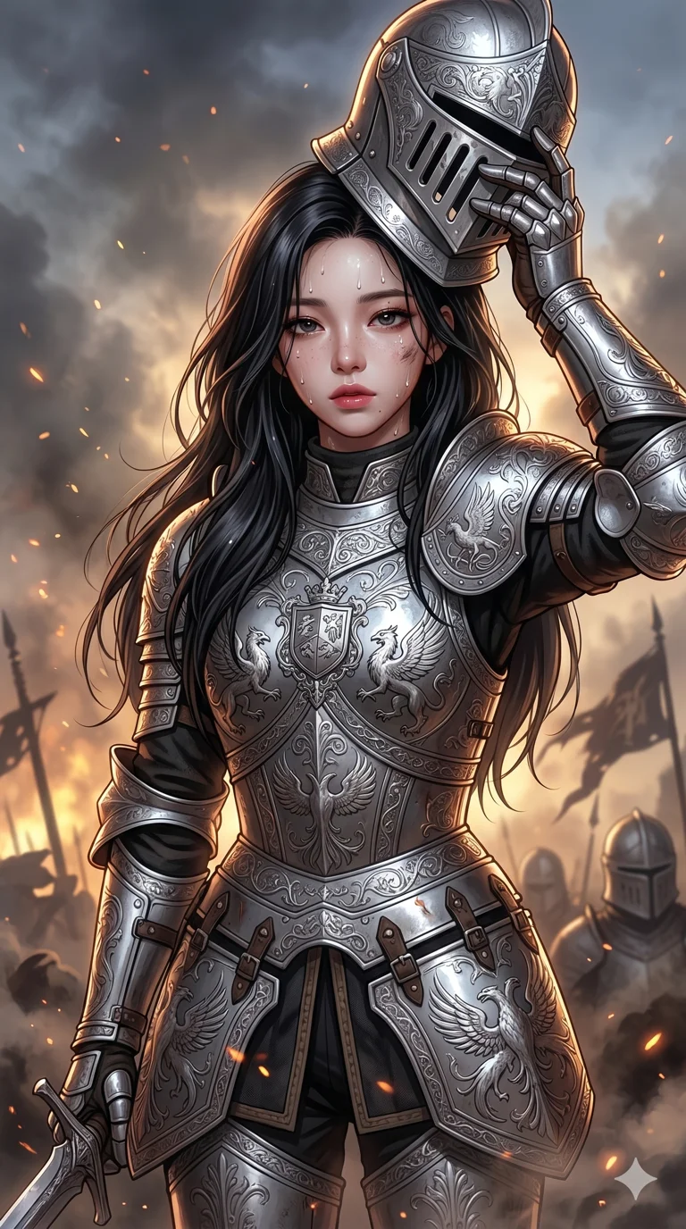 score_9, score_8_up, score_7_up, source_anime, masterpiece, best quality, ultra-detailed, same character with long flowing black hair, wearing ornate silver knight armor, upper body close-up from thigh up filling the screen, taking off her helmet with a tired but victorious expression, sweat on her brow, smoky battlefield background, 2k, 9:16 ratio