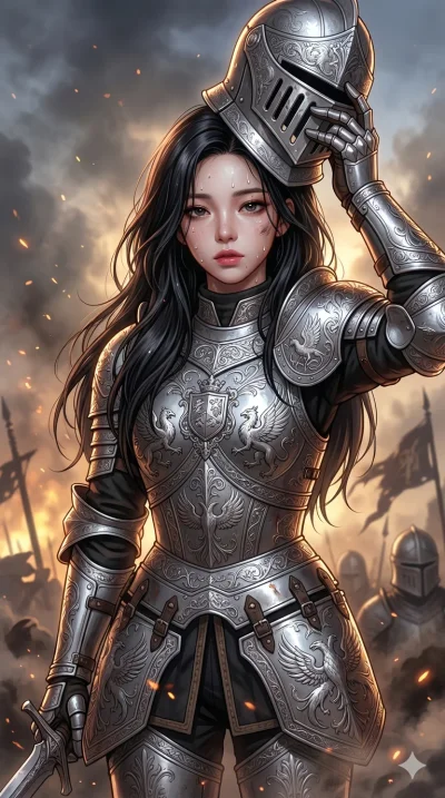 score_9, score_8_up, score_7_up, source_anime, masterpiece, best quality, ultra-detailed, same character with long flowing black hair, wearing ornate silver knight armor, upper body close-up from thigh up filling the screen, taking off her helmet wit