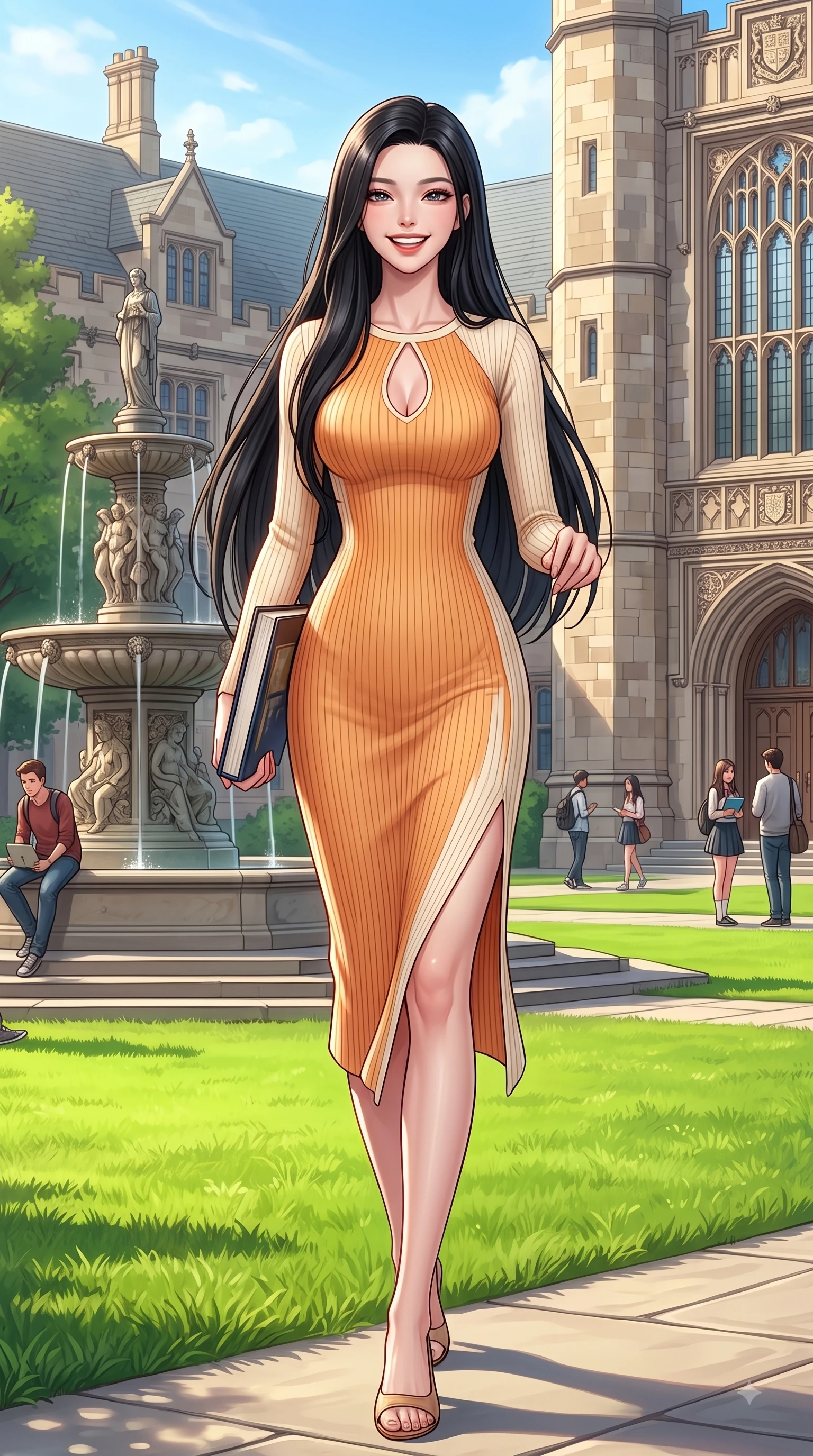 score_9, masterpiece, best quality, ultra-detailed, high-budget anime keyframe, editorial fashion photography, tasteful artistic composition, Korean woman. low angle full-body shot from head to toe showing her feet, filling the entire 9:16 vertical frame with her statuesque presence, stretching her vertical silhouette. pivoting dynamically with a fresh infectious smile, her ultra-slim waist creating a sweeping fluid curve while walking happily across a lush green university campus quad carrying books with a beaming smile. The surrounding environment is rendered in vivid detail and crisp panoramic clarity. intricate fountain carvings, sunlit lawn textures, and historical facade details rendered in high resolution. She has an absolutely perfect, statuesque 8.5-heads proportion, an exceptionally tall and slender model-like female figure with impossibly long slender legs and an ultra-slim waist. sharp v-shaped jawline, high-bridge nose, intricate jewel-like eyes with depth, thick eyelashes, glossy lips with a natural sheen, flawlessly proportioned anatomical accuracy, natural body alignment, perfectly sculpted elegant limbs, clean dynamic posture without body distortion. wearing a form-fitting ribbed knit midi dress with a tasteful side leg slit in warm apricot orange and cream white, tailored from fine wool crepe with clean lines, accented with a Tasteful chest slit framing her clavicle gracefully, the sleek second-skin texture accentuating her magnetic presence. surrounded by an uplifting, fresh, and youthful academic ambiance. highly saturated vibrant anime colors, detailed shading with soft gradients, rich glossy textures, high-contrast stereoscopic depth, volumetric dynamic lighting, master piece, 9:16 ratio