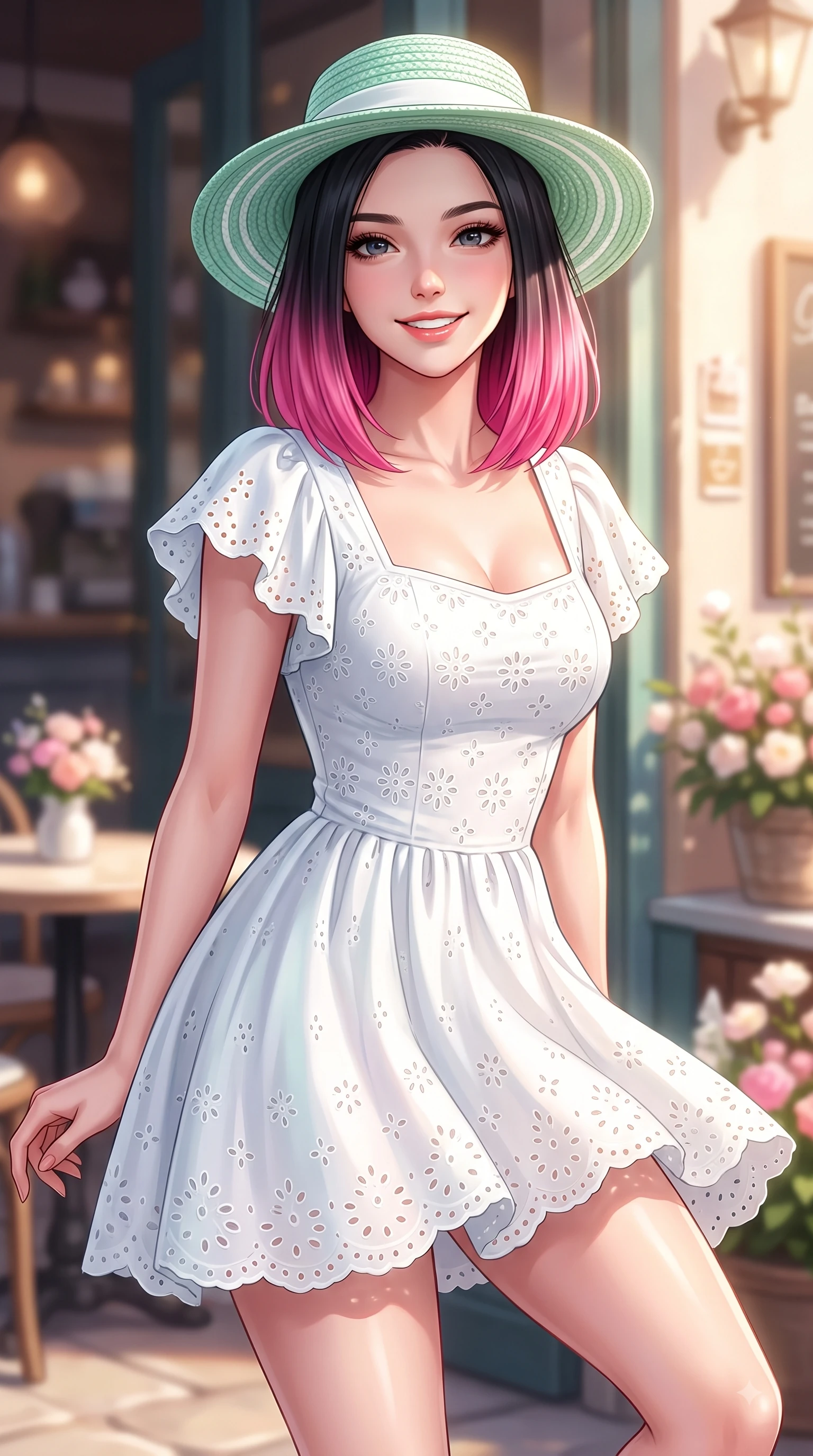 score_9, masterpiece, best quality, ultra-detailed, high-budget anime keyframe, editorial fashion photography, tasteful artistic composition, Korean woman. close-up cowboy shot from the waist and thighs up, the character dominates the composition, filling the frame with her large presence. Tilting her chin up with a sweet beaming smile of pure delight while balancing dynamically amidst the scene while resting near a sun-drenched cafe entrance while looking at the camera with a warm, sweet expression. The composition keeps background elements in soft focus with dreamy bokeh. sunlit outdoor cafe tables and decorative bloom displays blurring into gentle warm background light. She has an exceptionally elegant, slender, and willowy female figure with an ultra-slim waist, a gracefully sculpted slender torso, and a refined silhouette. sharp v-shaped jawline, high-bridge nose, intricate jewel-like eyes with depth, thick eyelashes, glossy lips with a natural sheen, flawlessly proportioned anatomical accuracy, natural body alignment, perfectly sculpted elegant limbs, clean dynamic posture without body distortion. wearing an airy white eyelet lace sundress with a woven straw hat motif in refreshing mint green and crisp white, crafted from smooth fluid silk satin, featuring elegant flutter sleeves and a graceful square neckline, the chic real-way fashion cut emphasizing her effortless charm. surrounded by a fresh, uplifting, and romantic spring street ambiance. highly saturated vibrant anime colors, detailed shading with soft gradients, rich glossy textures, high-contrast stereoscopic depth, volumetric dynamic lighting, master piece, 9:16 ratio