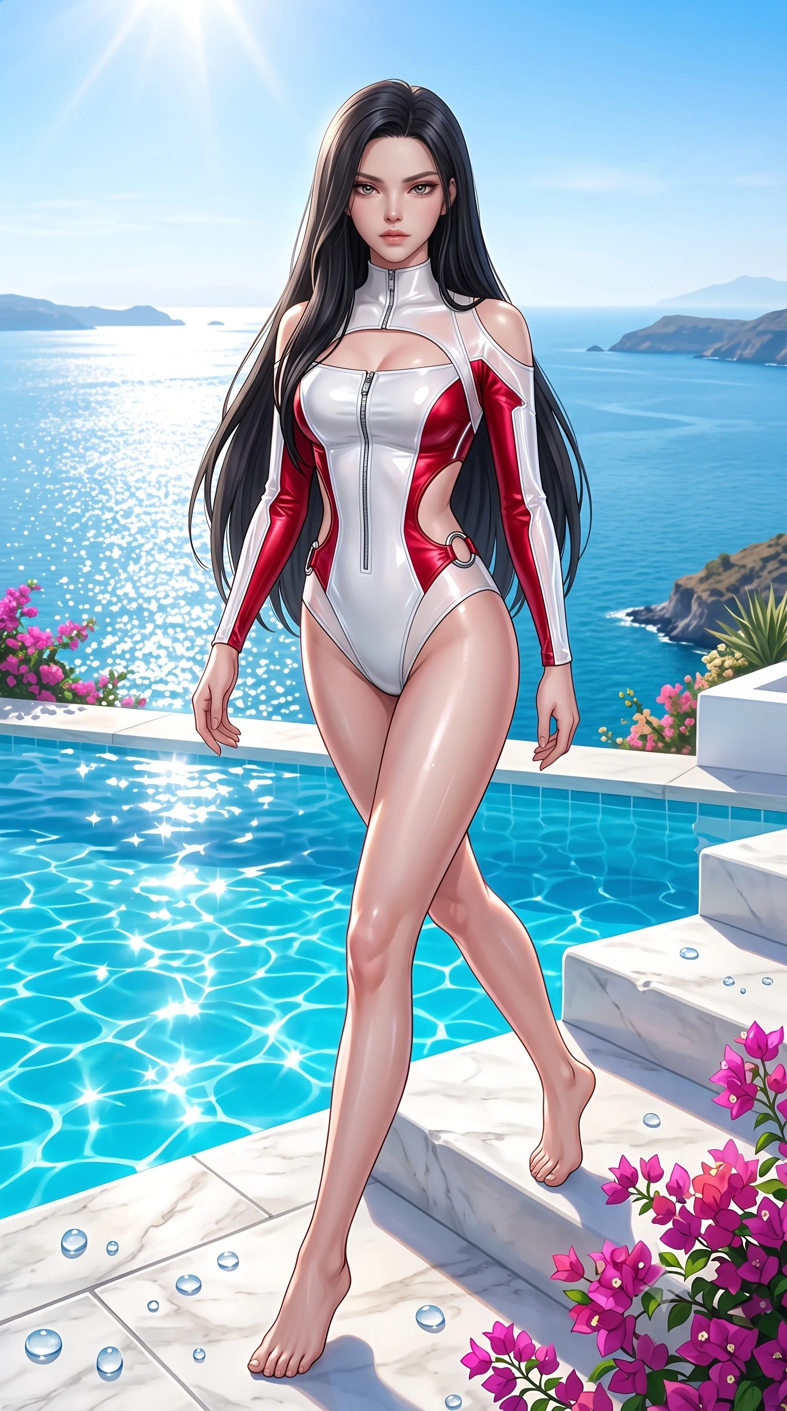 score_9, masterpiece, best quality, ultra-detailed, high-budget anime keyframe, semi-realistic 3D game render, editorial fashion photography, tasteful artistic composition, Korean woman. low angle full-body shot from head to toe showing her feet, filling the entire 9:16 vertical frame with her statuesque presence, stretching her vertical silhouette. striding forward in a proud, statuesque motion with a dangerous smolder, her vertical silhouette dominating the frame from head to toe while pivoting dynamically on white caldera steps with a breathtaking view of the sparkling sunlit Mediterranean sea. The surrounding environment is rendered in vivid detail and crisp panoramic clarity. sharp water droplet beads, polished marble pool tiles, and vibrant bougainvillea flowers rendered in high clarity. She has an absolutely perfect, statuesque 8.5-heads proportion, an exceptionally tall and slender model-like female figure with impossibly long slender legs, a toned flat midriff, and an ultra-slim waist. sharp v-shaped jawline, high-bridge nose, intricate jewel-like eyes with depth, thick eyelashes, glossy lips with a natural sheen, flawlessly proportioned anatomical accuracy, strict slender model proportions, natural body alignment, perfectly sculpted long slender limbs, ultra-slim waistline, clean dynamic posture without body distortion. wearing a glossy white second-skin latex bodysuit with high-thigh cuts, exposed clavicle neckline, and gleaming zipper details in radiant crimson silk and crisp snow white, tailored from semi-translucent cybernetic vinyl with glowing micro-filaments, detailed with polished silver rings connecting the daring side-waist cutouts, the glove-like aerodynamic second-skin fit tightly clinging to her ultra-slender waist and athletic curves without adding bulk, accentuating her razor-sharp statuesque lines and slim hourglass silhouette. bathed in brilliant Mediterranean sunlight and glittering turquoise pool water caustics. highly saturated vibrant anime colors, detailed shading with soft gradients, rich glossy textures, high-contrast stereoscopic depth, volumetric dynamic lighting, master piece, 9:16 ratio