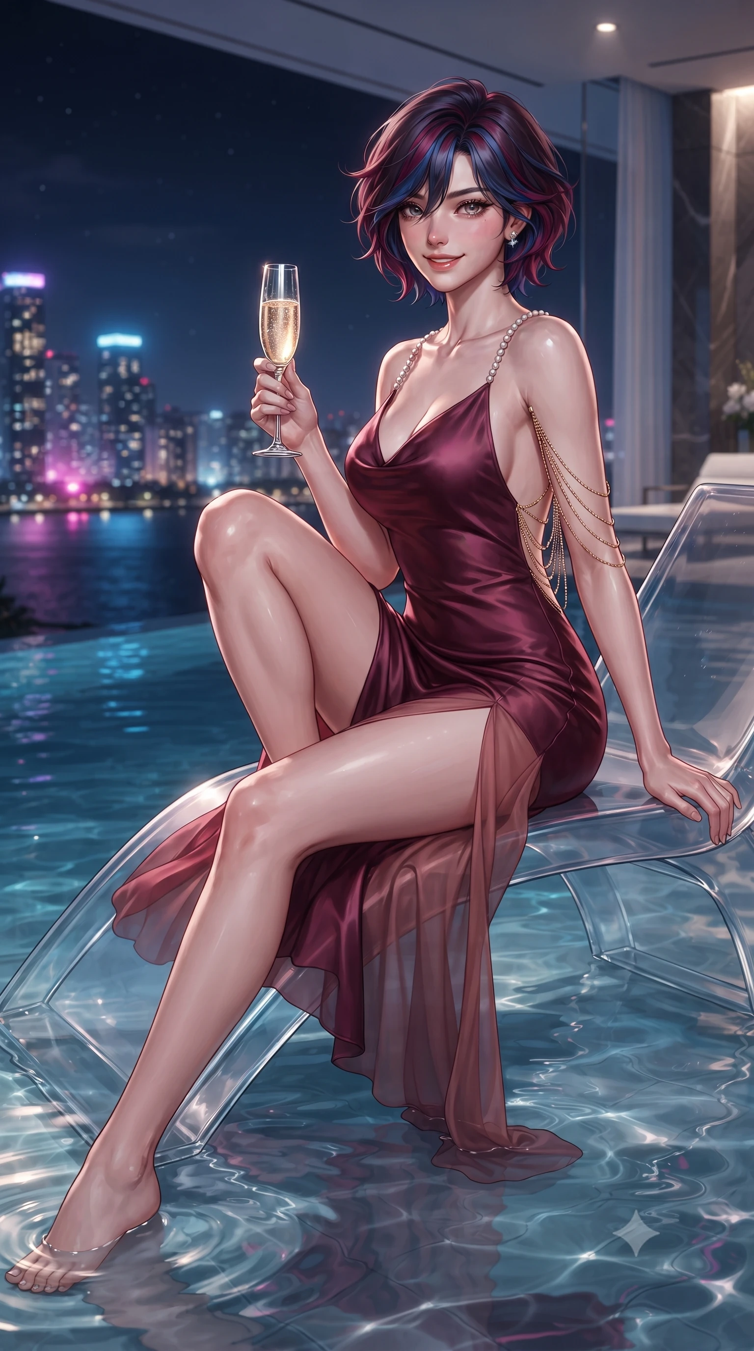 score_9, masterpiece, best quality, ultra-detailed, high-budget anime keyframe, editorial fashion photography, tasteful artistic composition, Korean woman. close-up cowboy shot from the waist and thighs up, the character dominates the composition, filling the frame with her large presence. perched sideways on the lounge seat, one knee drawn up to showcase her slender leg line while her arched back accentuates her feminine hip curve while lounging gracefully on the submerged acrylic chaise with legs extended, holding a glass of chilled champagne with effortless Tokyo cool. The surrounding environment is rendered in vivid detail and crisp panoramic clarity: detailed wet-look liquid vinyl bodysuit cling, diamond ear studs gleam, and waterfront penthouse engineering in high resolution. She has an exceptionally elegant, slender, and willowy female figure with an ultra-slim waist, flat toned midriff, narrow ribcage, and sculpted feminine hips creating an alluring, slim hourglass silhouette without bulk. sharp v-shaped jawline, high-bridge nose, sparkling eyes with hypnotic seductive depth, thick curled eyelashes, glossy parted lips with a natural dewy peach sheen, alluring bedroom-eyes with an enchanting coquettish smile, exuding magnetic siren charisma and sophisticated glamour, flawlessly proportioned anatomical accuracy, strict slender model proportions, natural body alignment, perfectly sculpted long slender limbs, ultra-slim waistline, clean dynamic posture without body distortion. wearing a plunging cowl-neck liquid silk satin slip gown with daring hip-high slit and delicate pearl spaghetti straps in smoldering Chianti crimson wine and deep rose-gold, made of sheer gossamer chiffon that drapes softly against skin with airy translucence, accented with an open-back drape framed by falling strands of delicate gold chains, the glove-like clinging cut tightly following the natural contour of her hips and long slender legs with youthful 8.5-heads elegance. illuminated by bay water surface reflections and sharp magenta-cyan rim lights defining her delicate clavicles, narrow waist, and curvy hips. ultra-reflective glossy finish, specular highlights, rich textural contrasts, high-contrast stereoscopic depth, volumetric dynamic lighting, 2k, ultra detail, master piece, 9:16 ratio