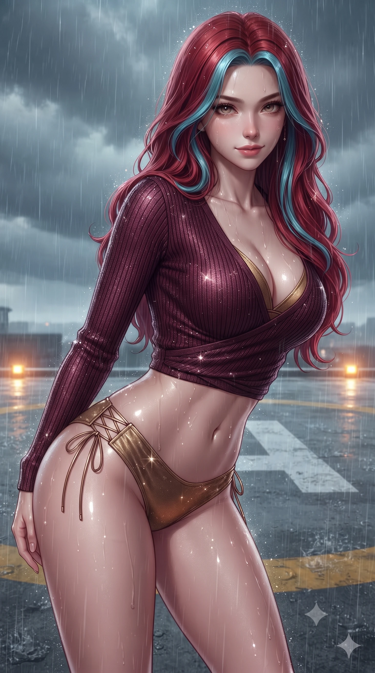 score_9, masterpiece, best quality, ultra-detailed, high-budget anime keyframe, editorial fashion photography, tasteful artistic composition, Caucasian woman. close-up cowboy shot from the waist and thighs up, the character dominates the composition, filling the frame with her large presence. leaning forward while arching her lower back to accentuate her curvy hips, looking into the camera with an intoxicating smoldering gaze and bedroom-eyes while twisting her slender torso in an alluring S-curve, torrential rain molding her form-fitting tactical suit to her flat midriff and hips. The surrounding environment is rendered in vivid detail and crisp panoramic clarity: sharp water droplet splashes, concrete helipad paint texture, and glowing landing beacon lenses in deep focus. She has an exceptionally elegant, slender, and willowy female figure with an ultra-slim waist, flat toned midriff, narrow ribcage, and sculpted feminine hips creating an alluring, slim hourglass silhouette without bulk. sharp v-shaped jawline, high-bridge nose, sparkling eyes with hypnotic seductive depth, thick curled eyelashes, glossy parted lips with a natural dewy peach sheen, alluring bedroom-eyes with an enchanting coquettish smile, exuding magnetic siren charisma and sophisticated glamour, flawlessly proportioned anatomical accuracy, strict slender model proportions, natural body alignment, perfectly sculpted long slender limbs, ultra-slim waistline, clean dynamic posture without body distortion. wearing a form-contouring ribbed knit dancer wrap top worn over a plunging silk bralette and low-rise satin briefs in smoky bordeaux wine and gilded bronze, woven from stretch metallic lurex jersey casting radiant starlight glints across her silhouette, finished with fine criss-cross lace-up side ties revealing tantalizing glimpses of her hip curve, the second-skin tailored fabric adhering flawlessly to her sculpted flat midriff and slender torso, emphasizing her long leg lines and perfectly proportioned willowy build. bathed in rhythmic amber helipad beacon flashes paired with cool lightning ambient strobes. ultra-reflective glossy finish, specular highlights, rich textural contrasts, high-contrast stereoscopic depth, volumetric dynamic lighting, 2k, ultra detail, master piece, 9:16 ratio