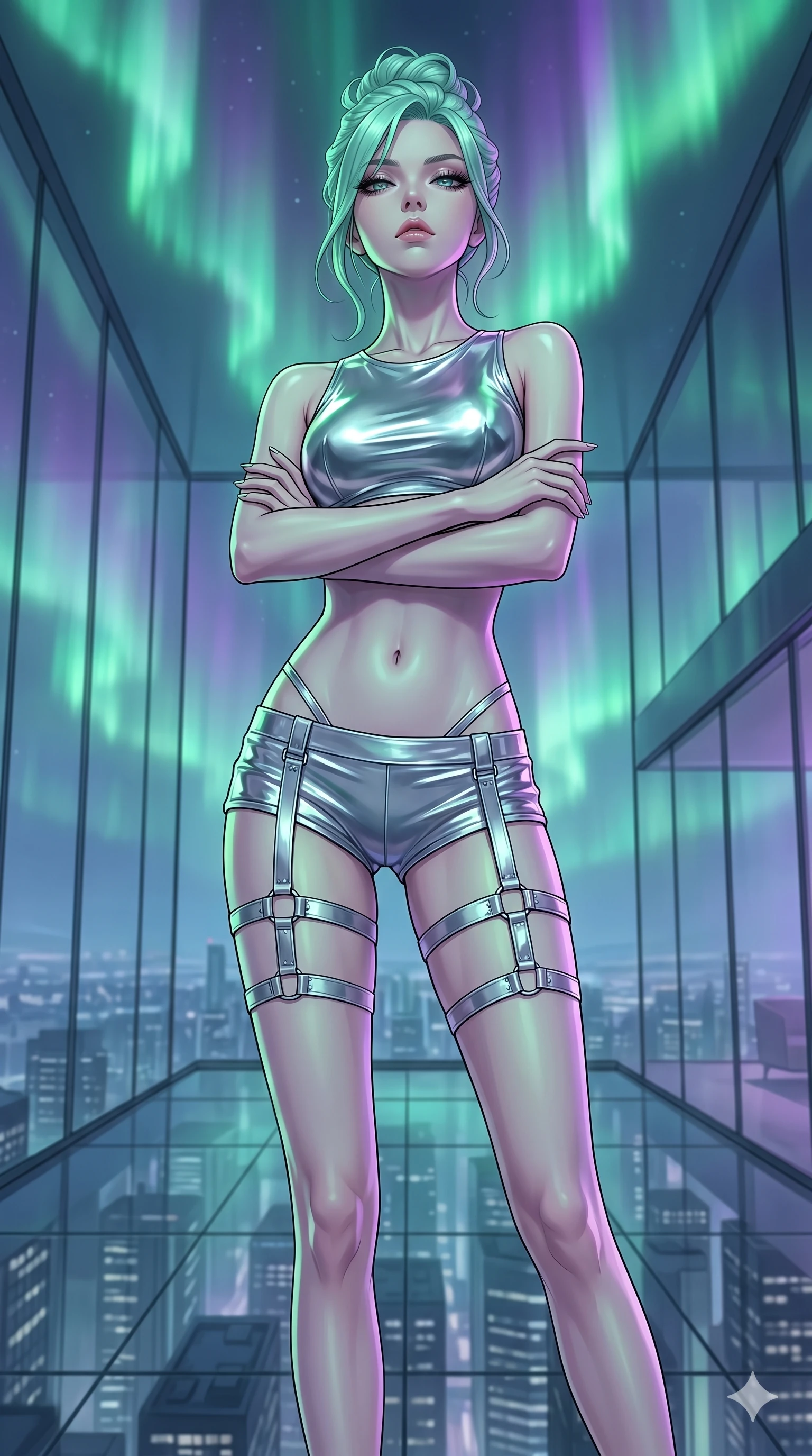 score_9, masterpiece, best quality, ultra-detailed, high-budget anime keyframe, editorial fashion photography, tasteful artistic composition, Japanese woman. cowboy shot from the thighs up, character and outfit filling the frame for maximum editorial presence. crossing her arms tightly, her head tilted back as she casts a cold, dismissive look down at the viewer within a luxurious minimalist penthouse with floor-to-ceiling glass walls (Scenario Code H-54). She has an absolutely perfect 8-heads proportion, an exceptionally tall and slender female figure with impossibly long slender legs and an ultra-slim waist. V-shaped jawline, high-bridge nose, intricate jewel-like eyes with depth, thick eyelashes, glossy lips with a natural sheen. wearing a wet-look metallic silver crop top paired with ultra-low-rise micro-shorts and a matching thigh harness. illuminated by a shifting aurora light from above, casting cold green and violet tones. 2k, ultra detail, master piece, 9:16 ratio
