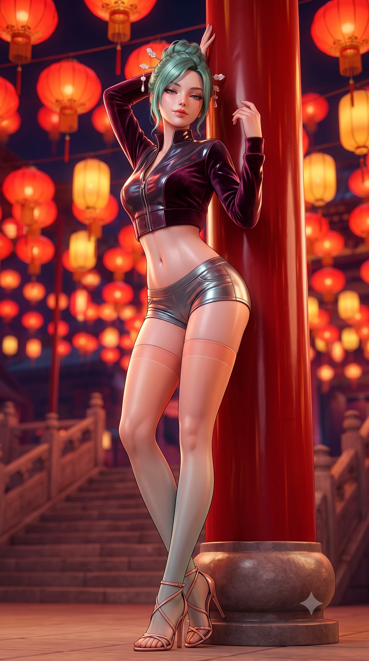 score_9, masterpiece, best quality, ultra-detailed, high-budget anime keyframe, semi-realistic 3D game render, editorial fashion photography, tasteful artistic composition, Japanese woman. low angle full-body shot from head to toe showing her feet, filling the entire 9:16 vertical frame with her statuesque presence, stretching her vertical silhouette. standing tall beside the architectural column, one hand resting high while arching her lower back to emphasize her sculpted feminine hips and slender waist while leaning back against a polished red lacquer pillar with hips cocked back, casting a smoldering, heavy-lidded smile with glossy lips. The background shows a soft-focus hundreds of hanging royal festival lanterns and stone terrace stairways blurred into deep vermilion, gold, and indigo bokeh. She has an absolutely perfect, statuesque 8.5-heads proportion, an exceptionally tall and slender model-like female figure with impossibly long slender legs, an ultra-slim waist, a flat toned midriff, narrow delicate ribcage, and beautifully sculpted feminine hips creating a graceful, slim hourglass silhouette without any bulky heaviness. sharp v-shaped jawline, high-bridge nose, sparkling eyes with hypnotic seductive depth, thick curled eyelashes, glossy parted lips with a natural dewy peach sheen, alluring bedroom-eyes with an enchanting coquettish smile, exuding magnetic siren charisma and sophisticated glamour, flawlessly proportioned anatomical accuracy, strict slender model proportions, natural body alignment, perfectly sculpted long slender limbs, ultra-slim waistline, clean dynamic posture without body distortion. wearing a form-fitting zip-front wet-look vinyl bolero jacket paired with low-rise metallic hot-pants and sheer stockings in pastel peach blossom and celadon porcelain blue, tailored from ultra-plush velvet with rich tactile depth and deep shadow gradients, finished with delicate mother-of-pearl hairpin ornaments glinting in her dark glossy hair, the glove-like clinging cut tightly following the natural contour of her hips and long slender legs with youthful 8.5-heads elegance. bathed in the warm crimson-and-amber glow of ceremonial palace lanterns. highly saturated vibrant anime colors, detailed shading with soft gradients, rich glossy textures, high-contrast stereoscopic depth, volumetric dynamic lighting, master piece, 9:16 ratio