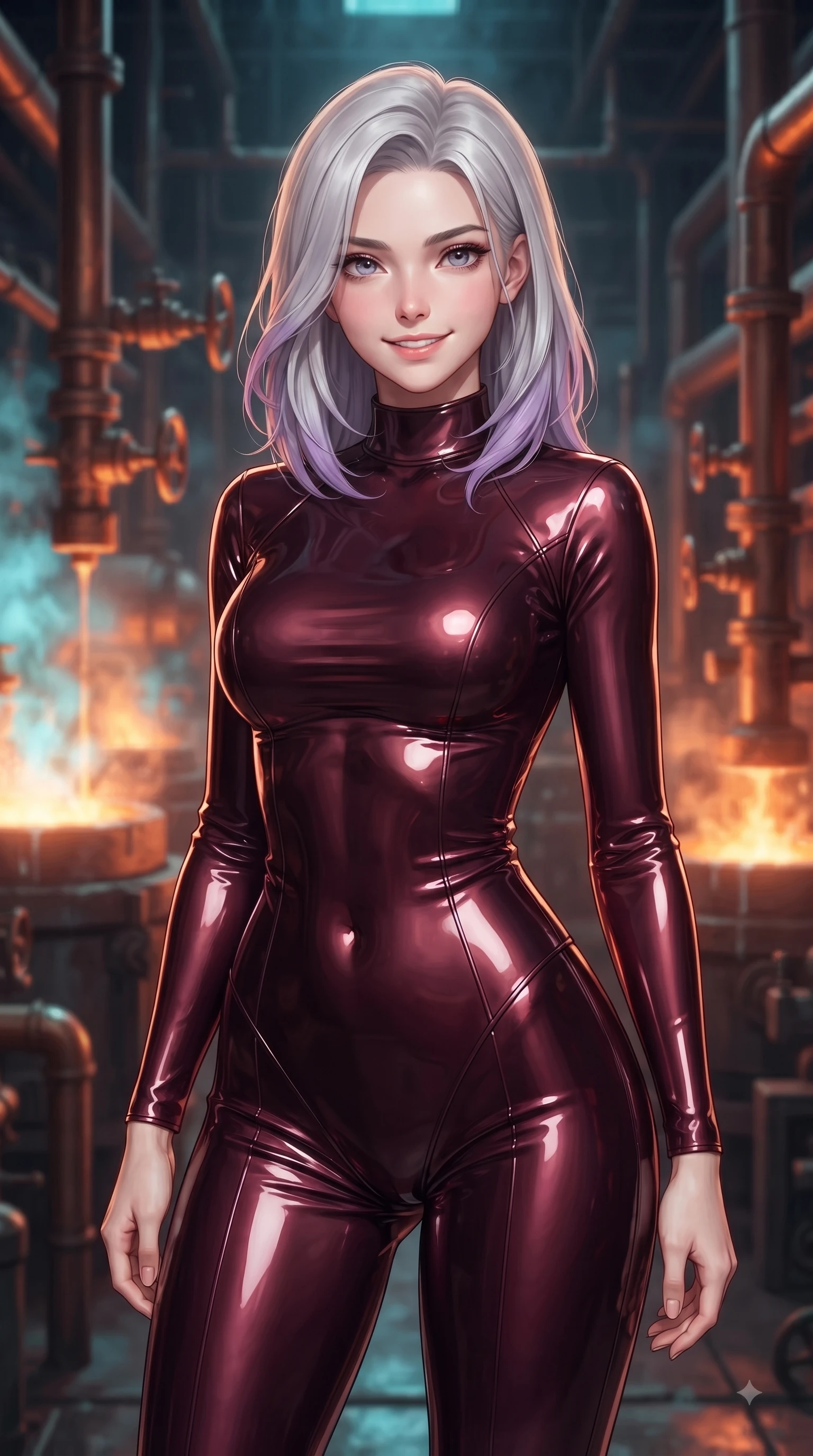 score_9, masterpiece, best quality, ultra-detailed, high-budget anime keyframe, editorial fashion photography, tasteful artistic composition, Caucasian woman woman. close-up cowboy shot from the waist and thighs up, the character dominates the composition, filling the frame with her large presence, background elements kept in soft focus. She has an exceptionally elegant, slender, and willowy female figure with an ultra-slim waist, a gracefully sculpted slender torso, and a refined silhouette. smiling with quiet, magnetic self-assurance directly into the camera lens, flawlessly proportioned anatomical accuracy, natural body alignment, perfectly sculpted elegant limbs, clean dynamic posture without body distortion. set against a soft-focus background of a copper pipe industrial foundry with liquid aurora crucibles. wearing a form-fitting dark burgundy vinyl bodycon outfit with a high collar line. bathed in intense orange furnace light clashing with cool cyan steam highlights. ultra-reflective glossy finish, specular highlights, metallic sheen, high-contrast stereoscopic depth, volumetric dynamic lighting, 2k, ultra detail, master piece, 9:16 ratio