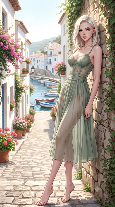 score_9, masterpiece, best quality, ultra-detailed, high-budget anime keyframe, editorial fashion photography, tasteful artistic composition, Caucasian woman woman. low angle full-body shot from head to toe showing her feet, filling the entire 9:16 v