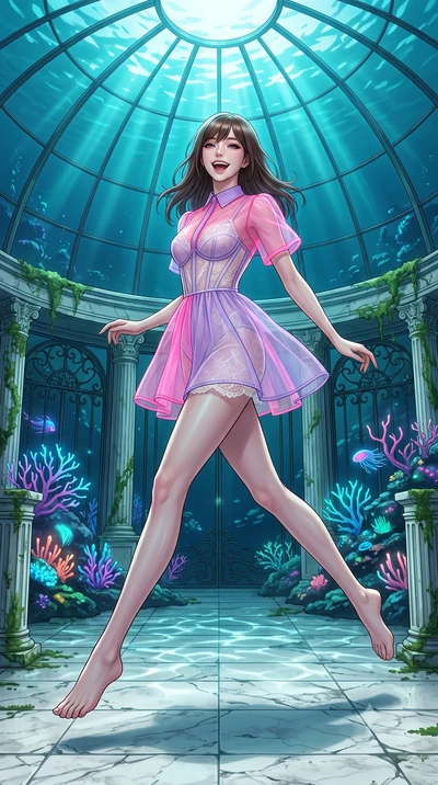 score_9, masterpiece, best quality, ultra-detailed, high-budget anime keyframe, editorial fashion photography, tasteful artistic composition, Korean woman. low angle full-body shot from head to toe showing her feet, filling the entire 9:16 vertical f