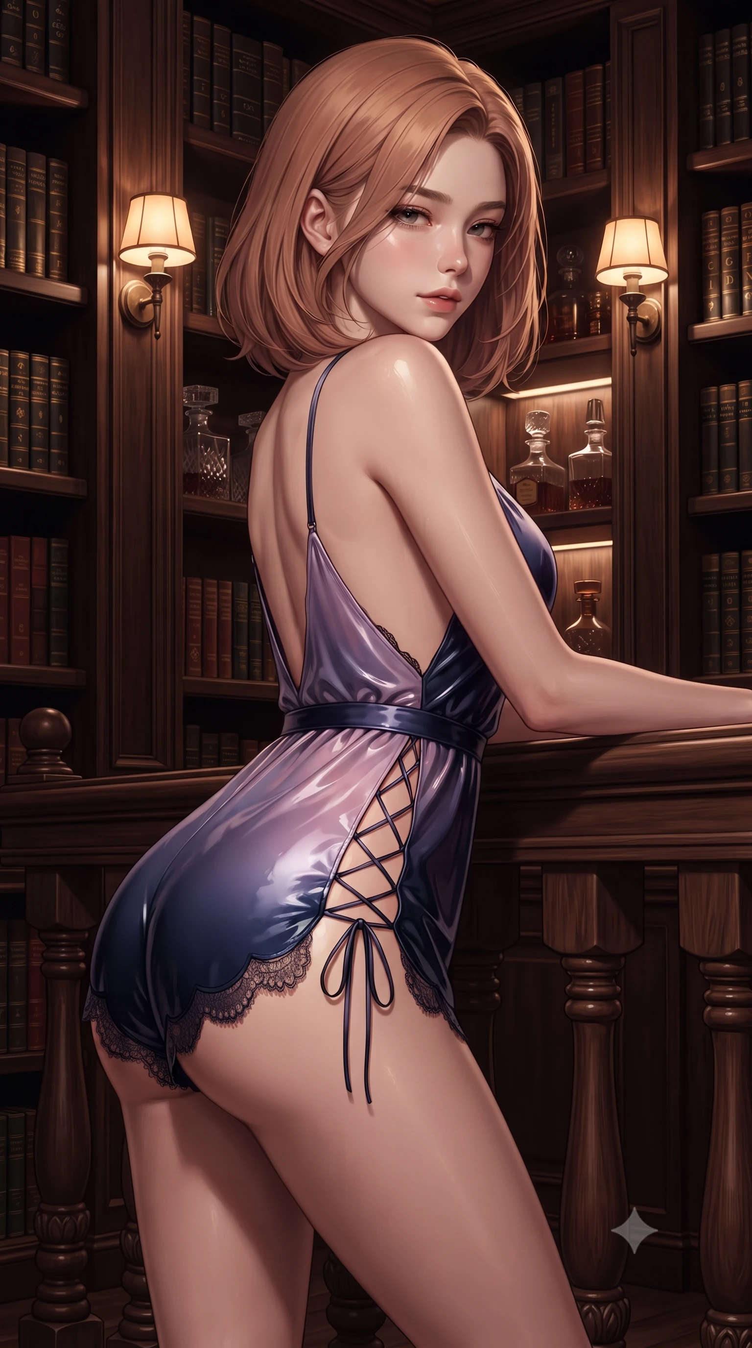 score_9, masterpiece, best quality, ultra-detailed, high-budget anime keyframe, editorial fashion photography, tasteful artistic composition, Korean woman. close-up cowboy shot from the waist and thighs up, the character dominates the composition, filling the frame with her large presence. leaning back against the balustrade with relaxed seductive grace, head tilted back slightly while casting a hypnotic, heavy-lidded gaze while standing poised between floor-to-ceiling dark walnut bookshelves with hips cocked back, looking back with an intoxicating, smoldering half-smile. The surrounding environment is rendered in vivid detail and crisp panoramic clarity: sharp carved walnut moulding profiles, cut-crystal liquor decanter facets, and antique book gold-leaf lettering in deep focus. She has an exceptionally elegant, slender, and willowy female figure with an ultra-slim waist, flat toned midriff, narrow ribcage, and sculpted feminine hips creating an alluring, slim hourglass silhouette without bulk. sharp v-shaped jawline, high-bridge nose, sparkling eyes with hypnotic seductive depth, thick curled eyelashes, glossy parted lips with a natural dewy peach sheen, alluring bedroom-eyes with an enchanting coquettish smile, exuding magnetic siren charisma and sophisticated glamour, flawlessly proportioned anatomical accuracy, strict slender model proportions, natural body alignment, perfectly sculpted long slender limbs, ultra-slim waistline, clean dynamic posture without body distortion. wearing a plunge-neck stretch velvet romper with scalloped eyelash-lace hems and a cinched waist ribbon in twilight lavender and midnight indigo, crafted from wet-look high-gloss vinyl fabric with dazzling specular surface reflections, featuring fine criss-cross lace-up side ties revealing tantalizing glimpses of her hip curve, the high-slit wrap tailoring accentuating her ultra-slim waistline and the enchanting curve of her feminine hips with alluring seductive charm. bathed in warm moody chiaroscuro lighting spilling from vintage art-deco shaded lamps and the bar niche. ultra-reflective glossy finish, specular highlights, rich textural contrasts, high-contrast stereoscopic depth, volumetric dynamic lighting, 2k, ultra detail, master piece, 9:16 ratio