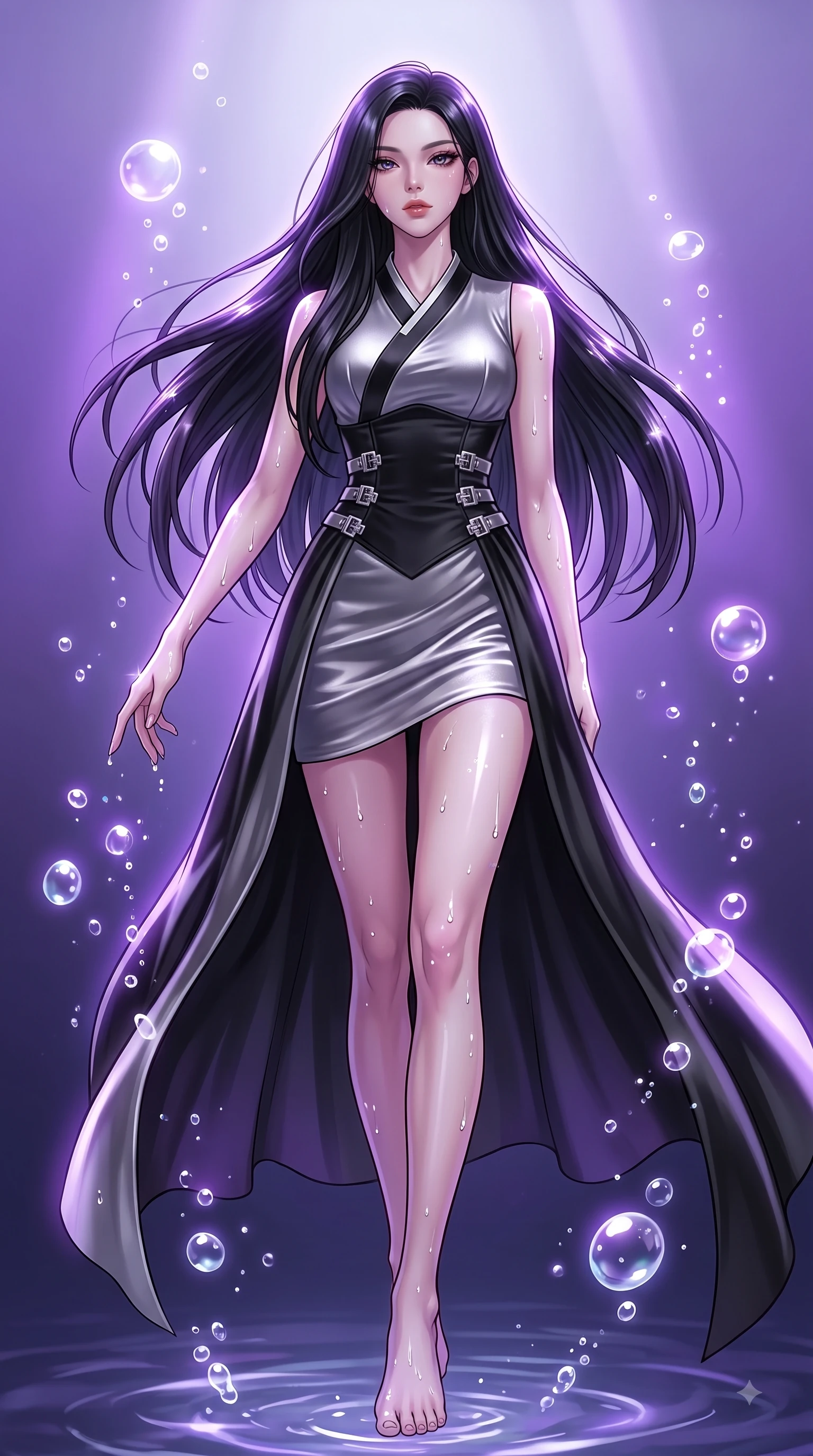 score_9, masterpiece, best quality, ultra-detailed, high-budget anime keyframe, editorial fashion photography, tasteful artistic composition, Korean woman. low angle full-body shot from head to toe showing her feet, filling the entire 9:16 vertical frame with her statuesque presence, stretching her vertical silhouette. stepping forward in a proud dynamic stride with an alluring waist tilt, her vertical silhouette filling the frame while reaching one arm gently toward the water surface as bioluminescent bubbles cast pearl highlights, water droplets glistening on her skin and clothing with brilliant specular highlights. She has an absolutely perfect, statuesque 8.5-heads proportion, an exceptionally tall and slender model-like female figure with impossibly long slender legs and an ultra-slim waist. sharp v-shaped jawline, high-bridge nose, intricate jewel-like eyes with depth, thick eyelashes, glossy lips with a natural sheen, flawlessly proportioned anatomical accuracy, natural body alignment, perfectly sculpted elegant limbs, clean dynamic posture without body distortion. wearing a modern fusion silk hanbok dress with a structured bodice and flowing skirt in matte black and polished silver, made of premium stretch velvet with a rich sheen, detailed with polished silver buckles along the waistline, the form-contouring material highlighting her ultra-slim waist and long lines. illuminated by luminous purple bioluminescence and serene silver moonlight. highly saturated vibrant anime colors, detailed shading with soft gradients, rich glossy textures, high-contrast stereoscopic depth, volumetric dynamic lighting, master piece, 9:16 ratio