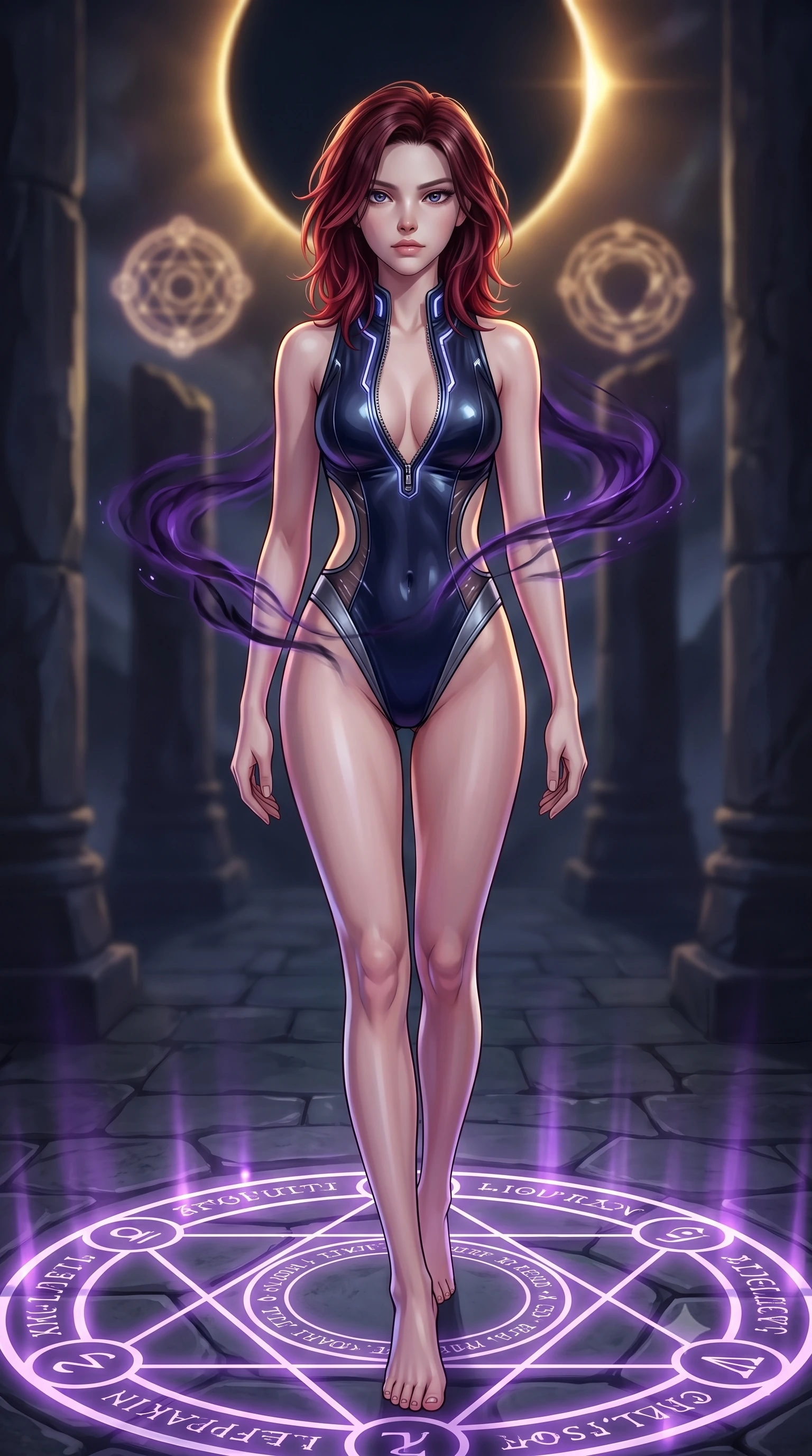 score_9, masterpiece, best quality, ultra-detailed, high-budget anime keyframe, semi-realistic 3D game render, editorial fashion photography, tasteful artistic composition, Korean woman. low angle full-body shot from head to toe showing her feet, filling the entire 9:16 vertical frame with her statuesque presence, stretching her vertical silhouette. striding forward in a proud, statuesque motion with a dangerous smolder, hips swaying with fierce allure, dominating the frame from head to toe while pivoting dynamically on a circular stone glyph platform as dark violet magical wisps wrap around her slender waist. The composition keeps background elements in soft focus with creamy bokeh. ancient basalt monolithic pillars and glowing arcane circles softened by moody atmospheric focus. She has an absolutely perfect, statuesque 8.5-heads proportion, an exceptionally tall and slender model-like female figure with impossibly long slender legs, a toned flat midriff, and an ultra-slim waist. sharp v-shaped jawline, high-bridge nose, intricate jewel-like eyes with depth, thick eyelashes, glossy lips with a natural sheen, flawlessly proportioned anatomical accuracy, strict slender model proportions, natural body alignment, perfectly sculpted long slender limbs, ultra-slim waistline, clean dynamic posture without body distortion. wearing an ultra-sleek high-cut vinyl bodysuit with front contour paneling, exposed side-rib cutouts, and an open back in midnight navy blue and shadowed silver trim, tailored from semi-translucent dark cybernetic vinyl with subtle glowing micro-filaments, featuring a dangerously unzipped neckline framed by subtle glowing cybernetic accents, the glove-like aerodynamic second-skin fit tightly clinging to her ultra-slender waist and athletic curves without adding bulk, accentuating her razor-sharp statuesque lines and slim hourglass silhouette. bathed in glowing violet arcane energy uplights and sharp golden eclipse corona rim lighting. rich saturated anime colors with deep moody shadows, detailed chiaroscuro shading with soft gradients, rich glossy textures, high-contrast stereoscopic depth, volumetric dynamic shadow lighting, master piece, 9:16 ratio