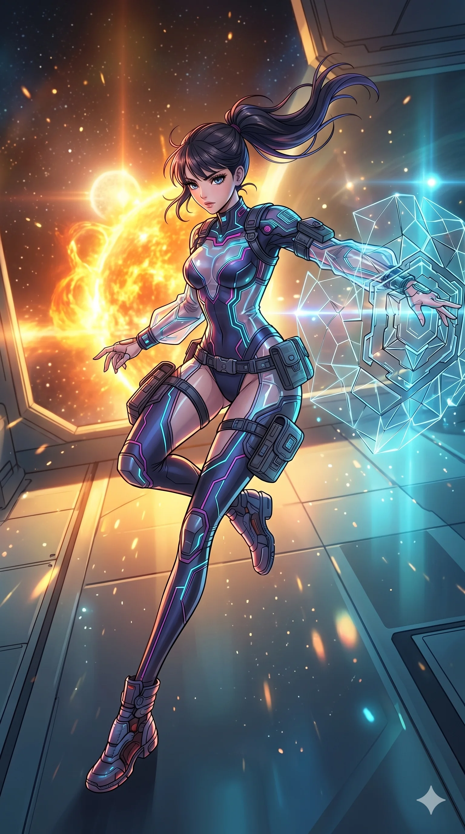 score_9, masterpiece, best quality, ultra-detailed, high-budget anime movie keyframe, cinematic anime lighting, intricate line art, Caucasian (strictly human ears) woman. Extreme high angle shot as she leaps towards the camera, filling the frame. assembling a nano-shield to protect against a solar flare. She has an absolutely perfect 8-heads proportion, an exceptionally tall and slender female figure with an ultra-slim waist and impossibly long slender legs. strictly human anatomy, two legs only, no extra limbs, clearly defined legs and arms, perfect anatomy, perfect hands and fingers. sharp v-shaped jawline, high-bridge nose, intricate jewel-like eyes, thick eyelashes, glossy lips. Wearing Tech-Fantasy: Cybernetic tech-suit with glowing seams, translucent PVC over leotard, and modular tactical gear. The scene is illuminated by dramatic atmospheric lighting and vibrant color palettes. , 2k, ultra detail, master piece, 9:16 ratio