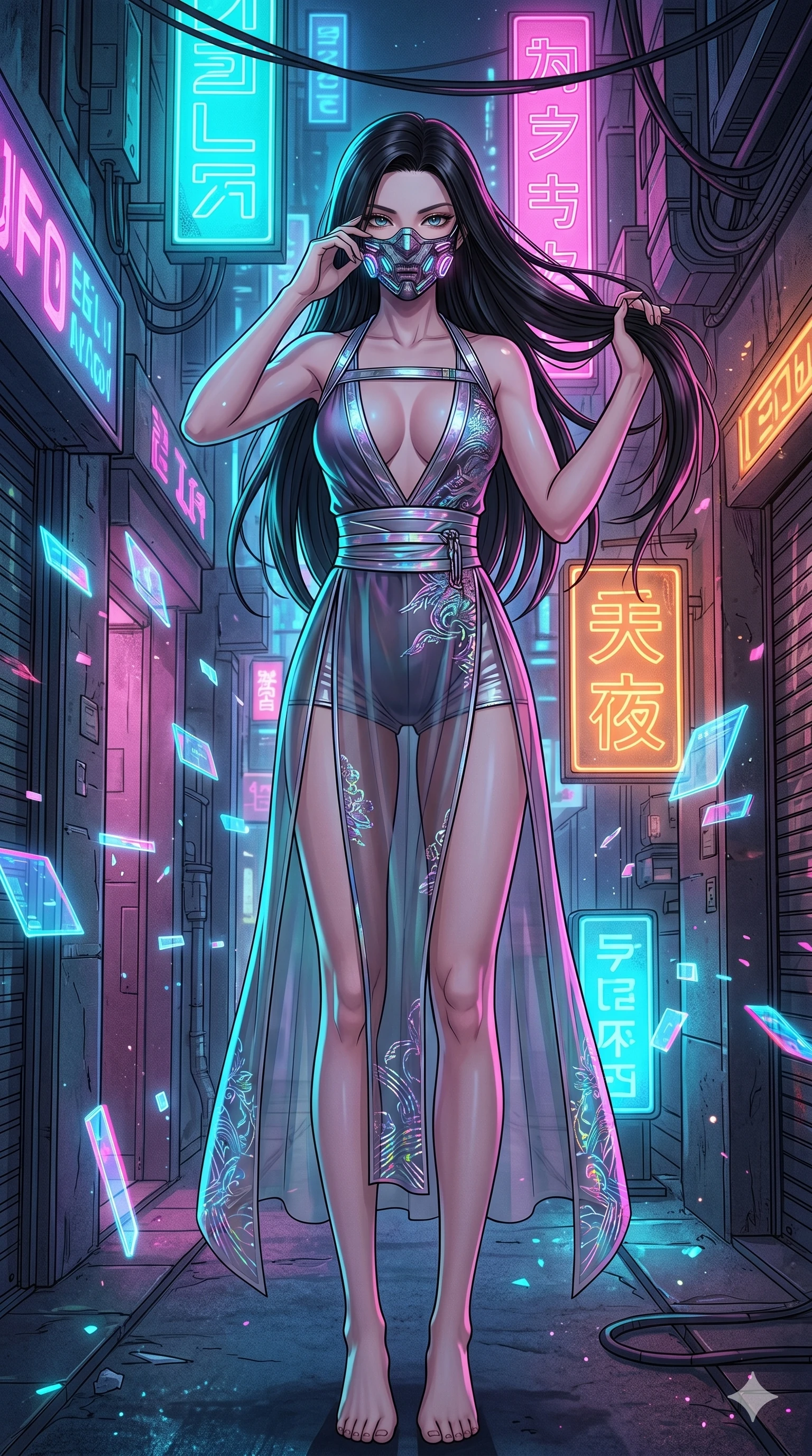 score_9, masterpiece, best quality, ultra-detailed, high-budget anime movie keyframe, cinematic anime lighting, intricate line art, Caucasian (strictly human ears) woman. Dynamic full-body shot stretching the vertical silhouette across the 9:16 frame. adjusting a glowing mask in a neon-lit cyberpunk alleyway surrounded by floating data-shards. She has an absolutely perfect 8-heads proportion, an exceptionally tall and slender female figure with an ultra-slim waist and impossibly long slender legs. sharp v-shaped jawline, high-bridge nose, intricate jewel-like eyes, thick eyelashes, glossy lips. Wearing modernized deep-plunging silk hanbok-fusion with metallic straps, a high-slit sheer skirt over micro-shorts, and holographic embroidered patterns. The scene is illuminated by dramatic atmospheric lighting and vibrant color palettes. , 2k, ultra detail, master piece, 9:16 ratio