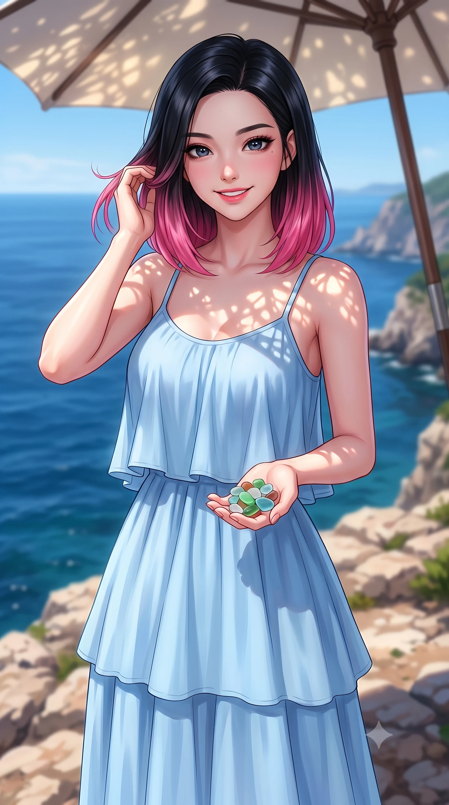 score_9, masterpiece, best quality, ultra-detailed, high-budget anime keyframe, editorial fashion photography, tasteful artistic composition, Korean woman. close-up cowboy shot from the waist and thighs up, the character dominates the composition, filling the frame with her large presence, background elements kept in soft focus. smiling cutely while gently brushing a strand of hair behind her ear set against a soft-focus background of on a rocky coastal cliff lookout with views of the vast blue ocean with a small collection of pretty sea glass pebbles held in her palm. She has an exceptionally elegant, slender, and willowy female figure with an ultra-slim waist, a gracefully sculpted slender torso, and a refined silhouette. sharp v-shaped jawline, high-bridge nose, intricate jewel-like eyes with depth, thick eyelashes, glossy lips with a natural sheen. wearing form-contouring lovely tiered maxi dress in baby blue, featuring a relaxed silhouette. dappled sunlight filtering through a beach umbrella onto her shoulders. highly saturated vibrant anime colors, detailed shading with soft gradients, rich glossy textures, high-contrast stereoscopic depth, volumetric dynamic lighting, master piece, 9:16 ratio