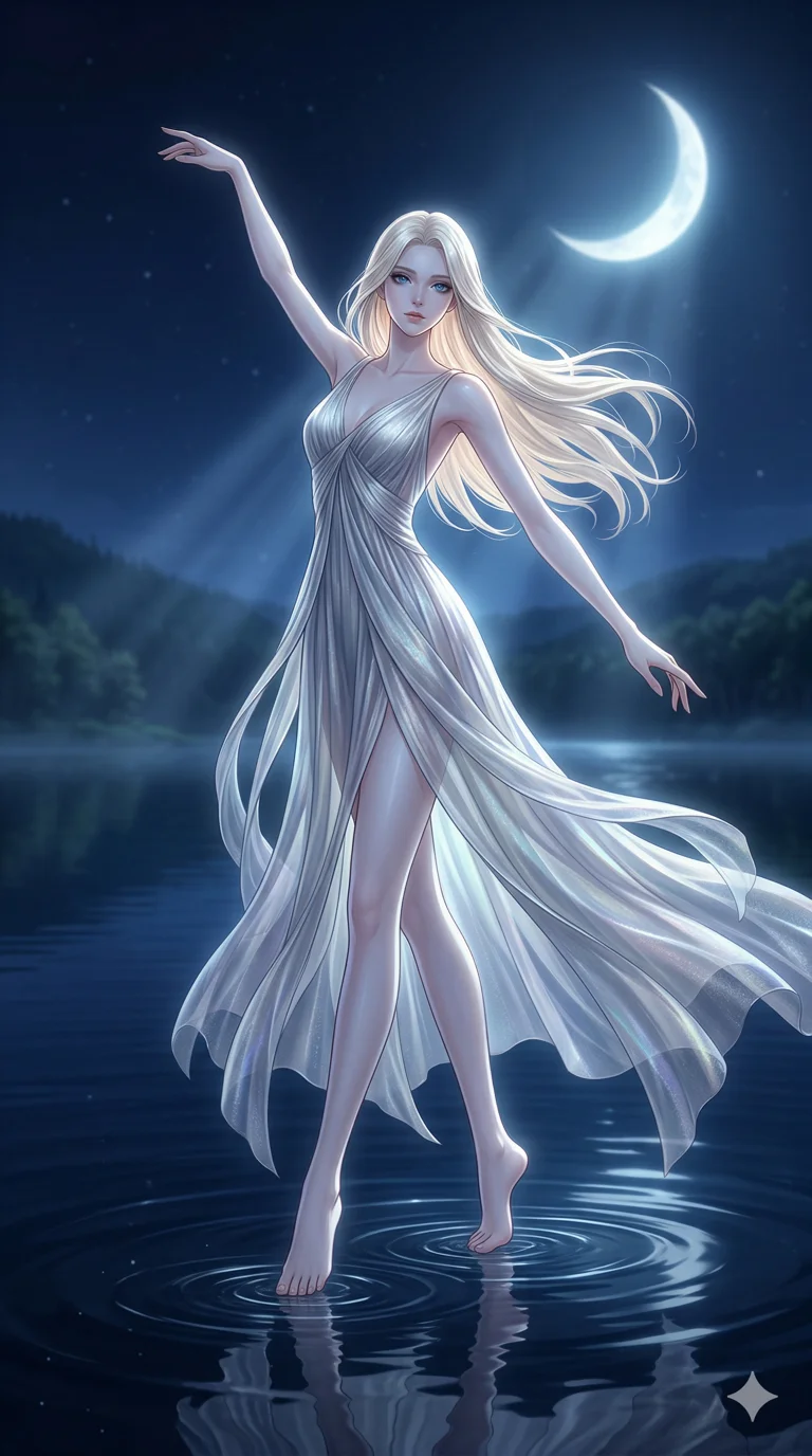 score_9, masterpiece, best quality, ultra-detailed, semi-realistic high-budget anime keyframe, an incredibly beautiful ethereal Caucasian woman with flawless pale skin (strictly human ears). Dynamic full-body shot filling the 9:16 frame. She is a moon goddess dancing on a silver lake at midnight. She has an absolutely perfect 8-heads proportion, a towering female figure with long slender legs and a delicate skinny aesthetic. Her face is a masterpiece with platinum blonde hair and crystalline eyes. She is wearing a sheer fabric gown that reflects the moonlight, highlighting her alluring silhouette. Moonbeams and ripples on the water, dramatic rim lighting, radiant glowing skin, 2k, ultra detail, master piece, 9:16 ratio